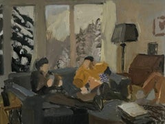 "Snow Day" American Impressionist oil painting, people inside with snow on trees