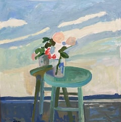 “Still Life with Mirror” Oil painting, impressionistic flowers in vase on stool