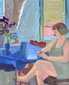 “Summer Figure”-  American Impressionist oil painting, woman sitting at desk