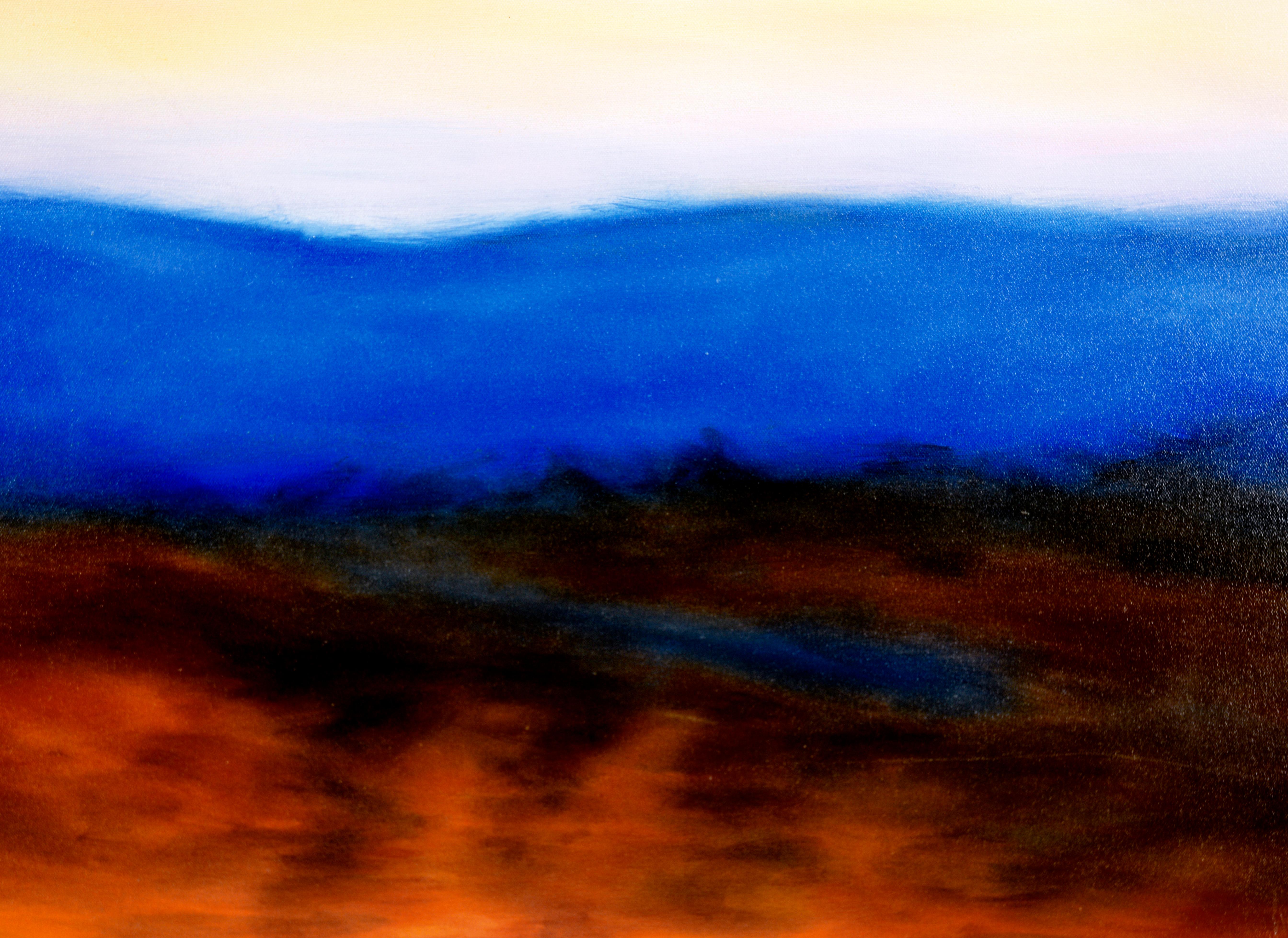 Lever de soleil brumeux avec montagnes bleues - Paysage à l'huile sur toile

Paysage vibrant avec des montagnes bleues de Kelly Cool Lucas (américaine, née en 1974). Une ligne de montagnes d'un bleu intense traverse la composition, divisant le