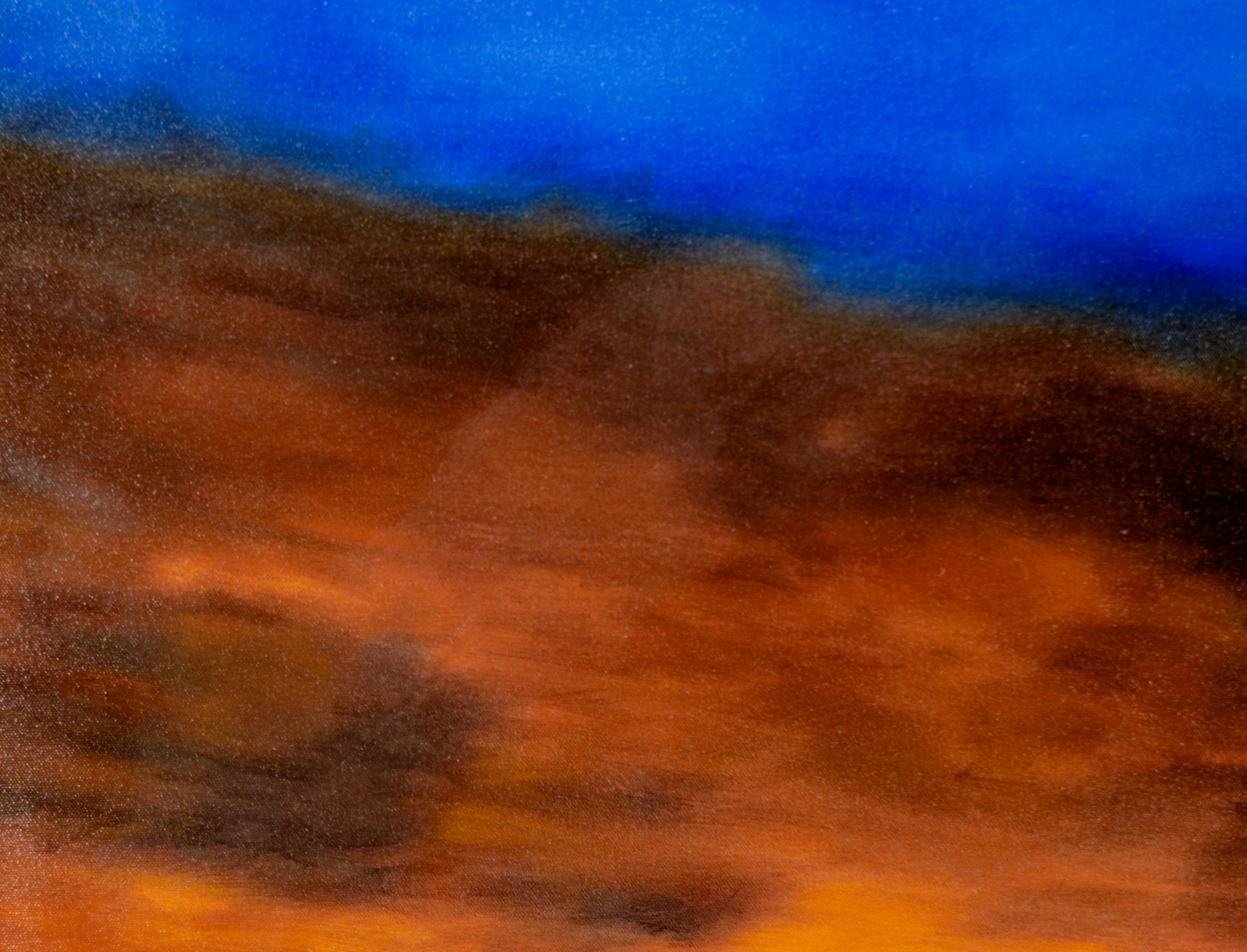 Paysage à l'huile sur toile Hazy Sunrise au-dessus de montagnes bleues en vente 2