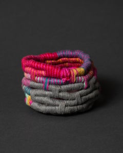 Chismosa, fine art coiled basket, soft sculpture, pink, gray, blue, yellow