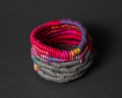Used Chismosa, fine art coiled basket, soft sculpture, pink, gray, blue, yellow