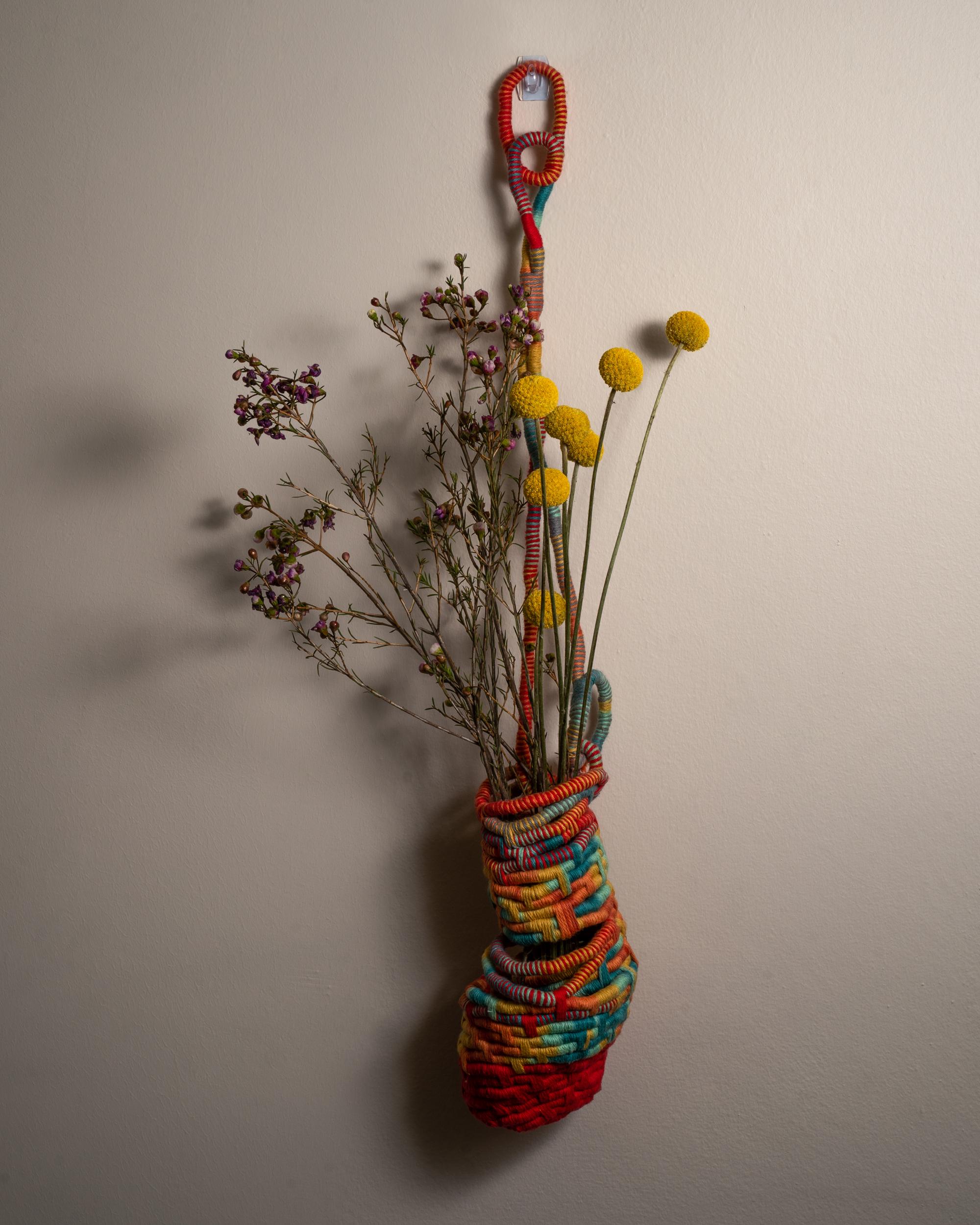 El Corazon de San Valentin, fine art coiled basket, soft sculpture, pink, yellow 4