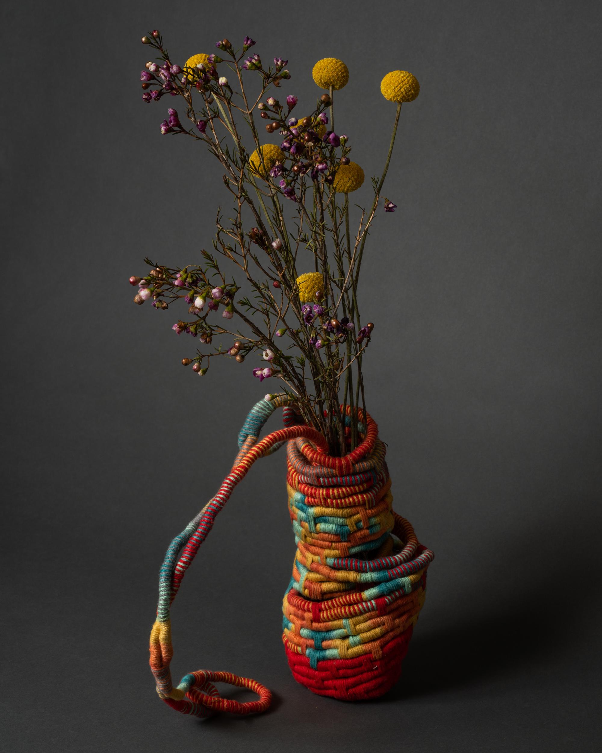 El Corazon de San Valentin, fine art coiled basket, soft sculpture, pink, yellow 3