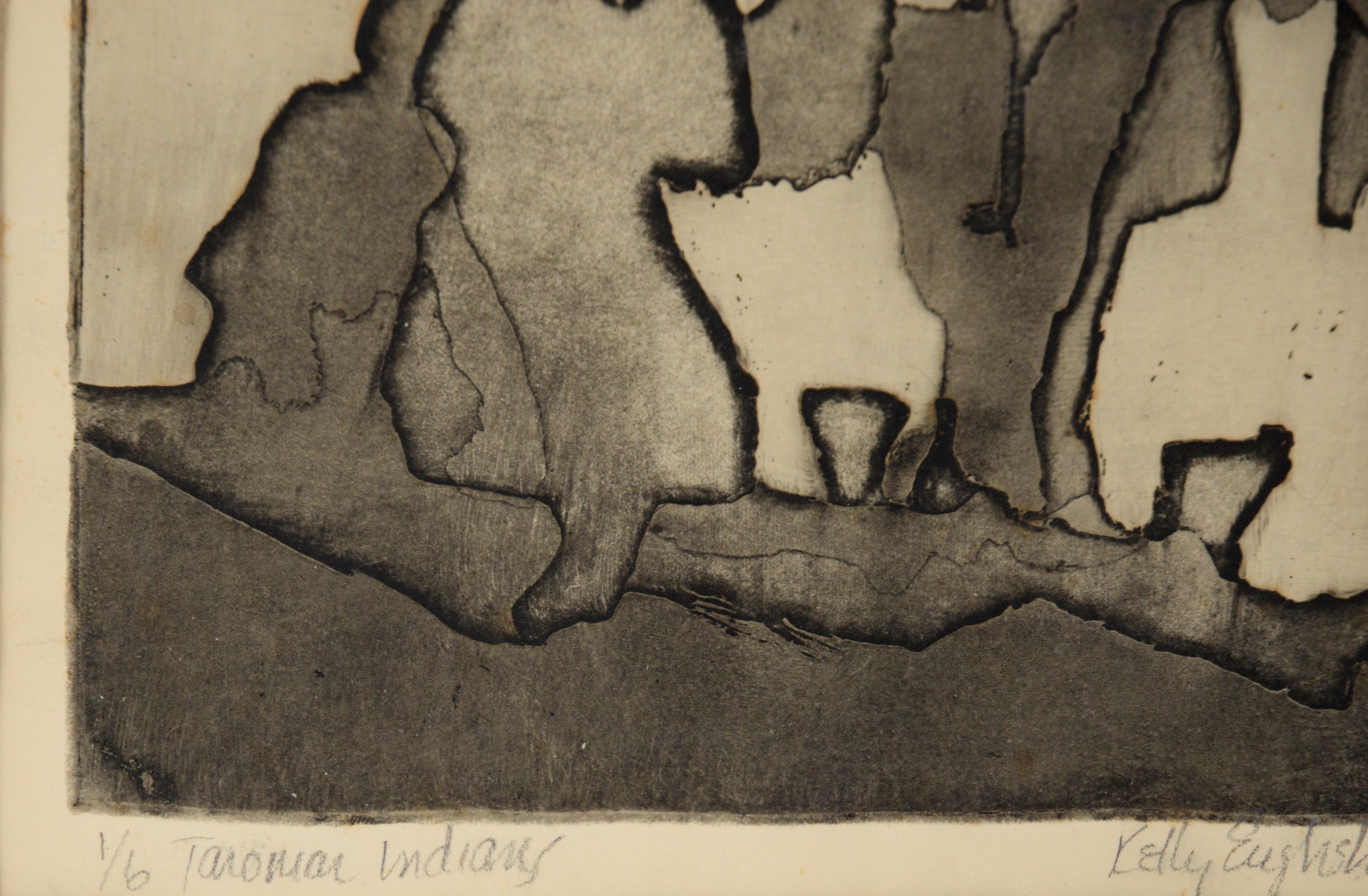 Les Indiens Tarahumara - eau-forte figurative sur papier, 1971

Gravure en noir et blanc de The Tarahumara Indians par Kelly English (américain). Les figures sont tracées à l'encre noire épaisse avec des nuances de gris et de blanc. Un petit nombre