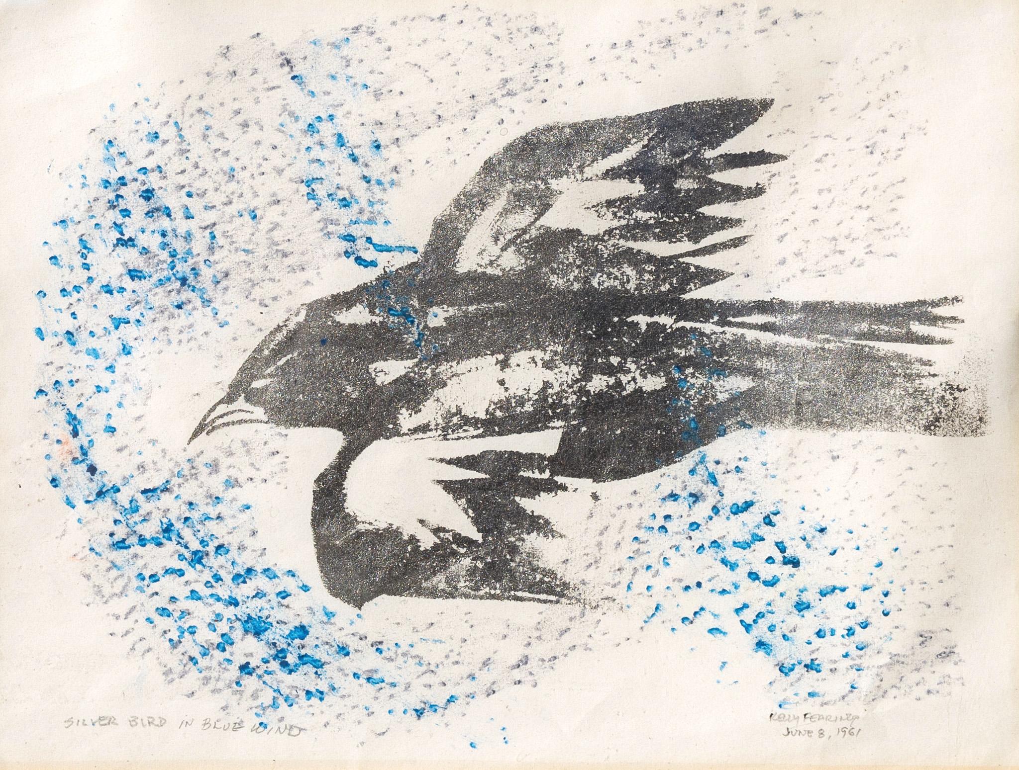 Oiseau argenté au vent bleu - Mixed Media Art de Kelly Fearing