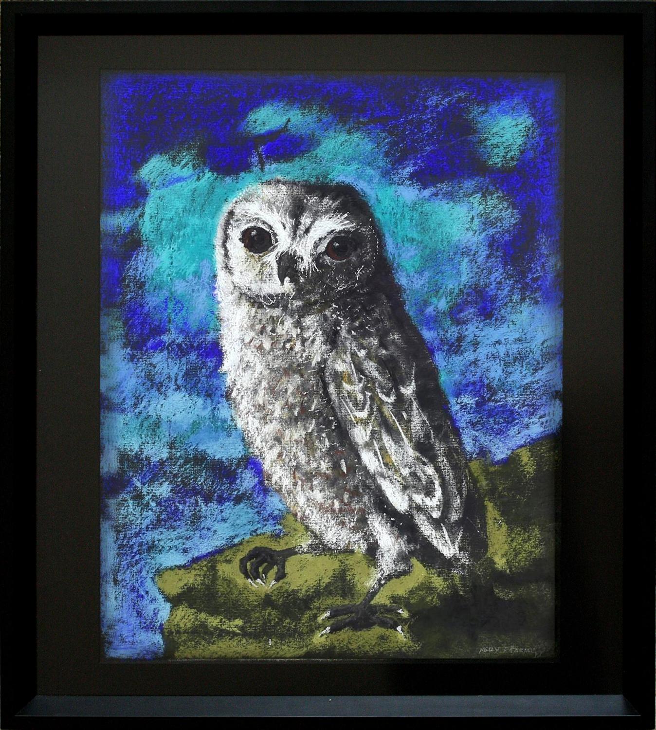 This pastel painting by Kelly Fearing is of a grey owl with a vivid blue background.  It is perched on a ledge rendered in green earth tones. The work is framed in a black wooden frame. 

Kelly Fearing (American, 1918-2011)
Owl, 1972
Pastel on