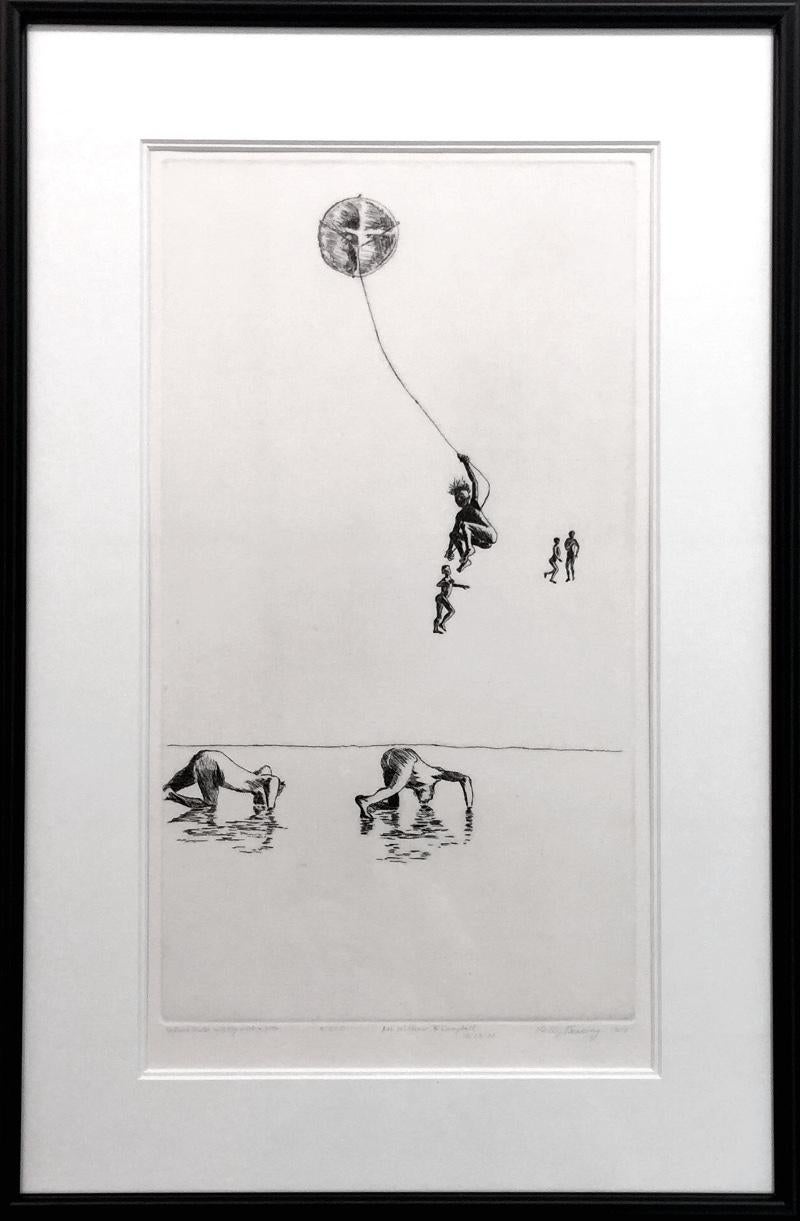 « To Drink Water and Fly With A Kite » ( boire de l'eau et voler avec un cerf-volant) - Gris Figurative Print par Kelly Fearing