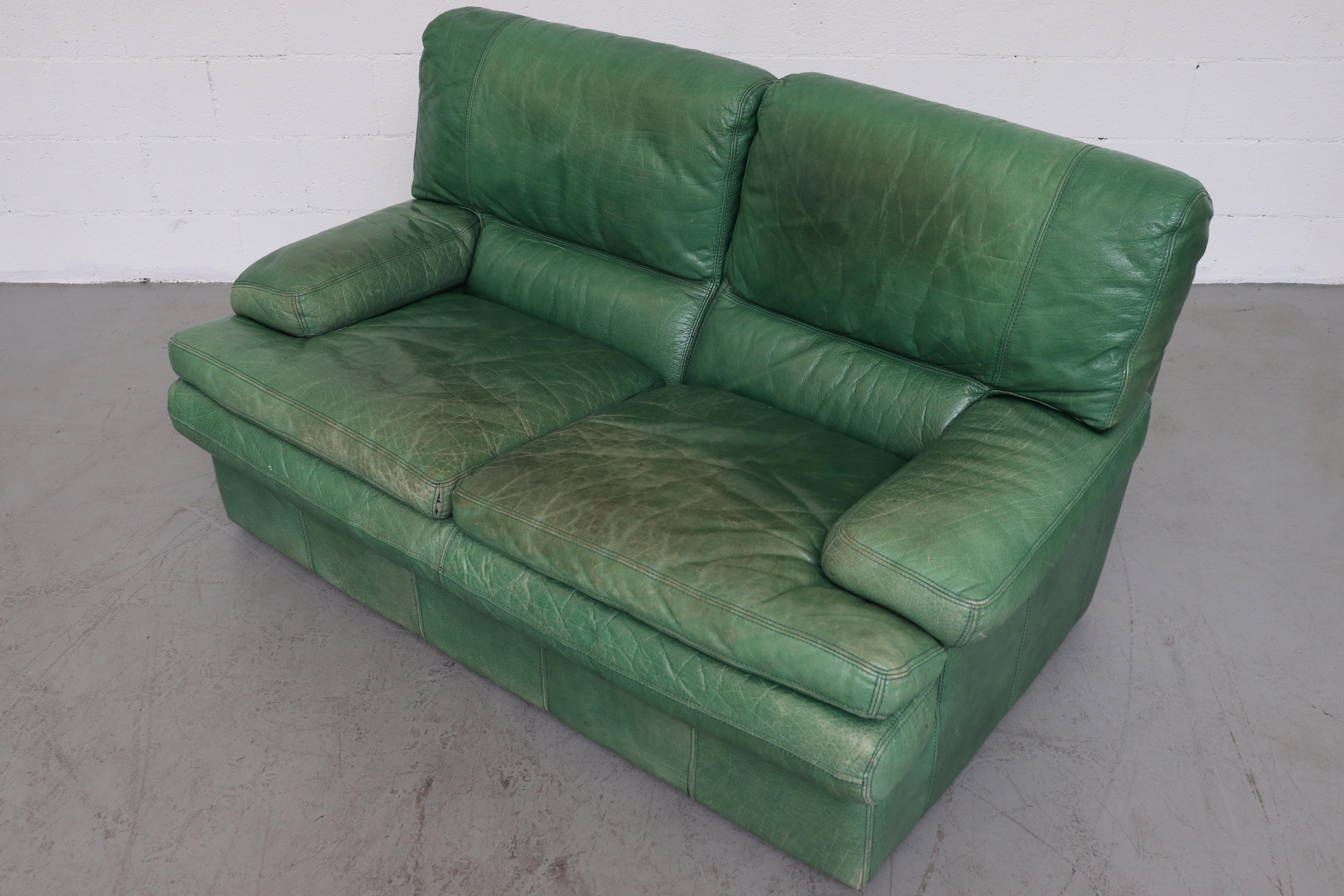 Dutch Kelly Green Leather Love Seat Sofa