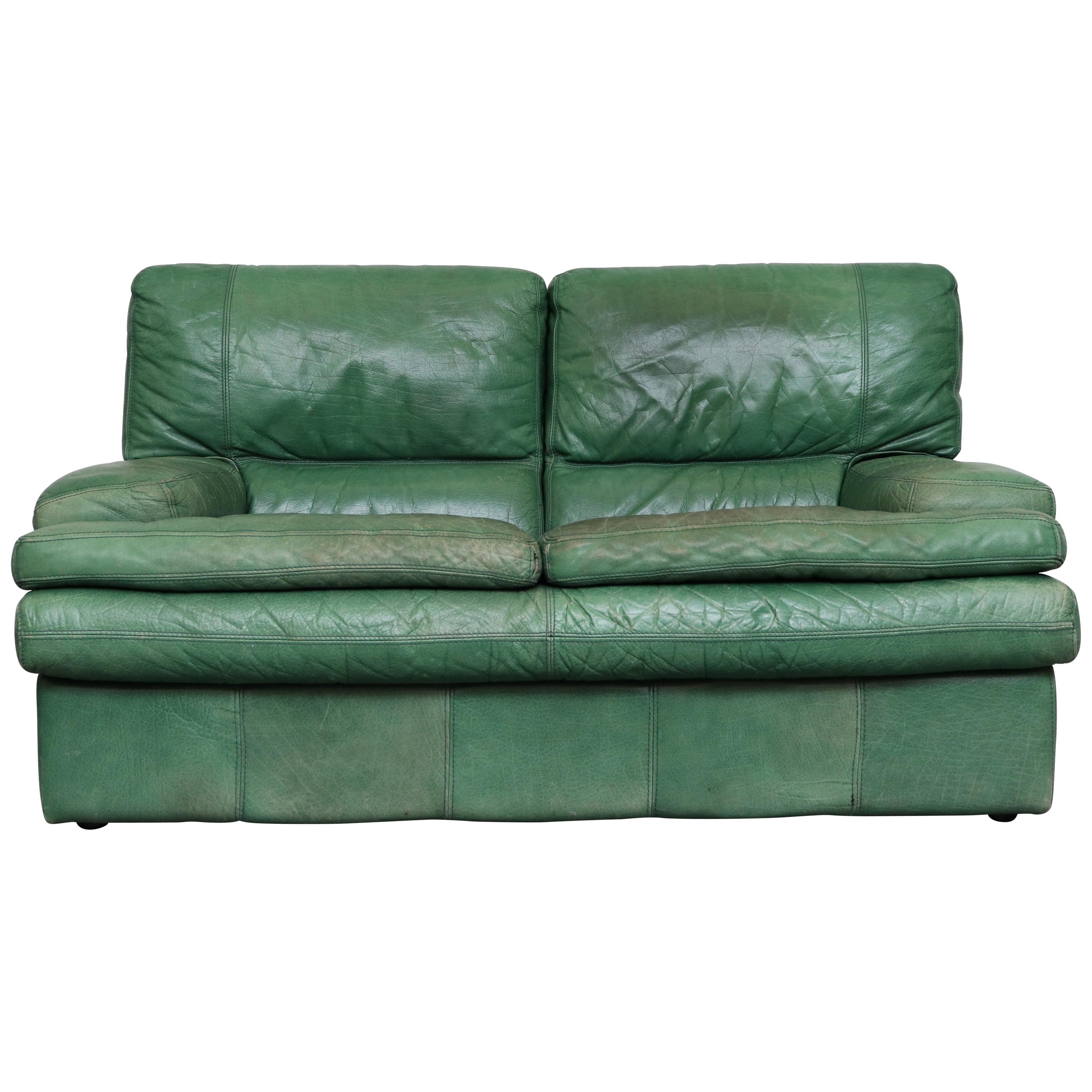 Kelly Green Leather Love Seat Sofa