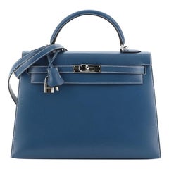 Kelly Handbag Bleu Thalassa Box Calf with Palladium Hardware 32