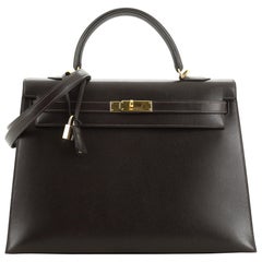 Kelly Handbag Ebene Veau Grain Lisse with Gold Hardware 35