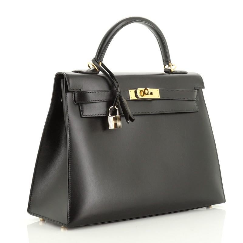 Black Kelly Handbag Noir Box Calf with Gold Hardware 32