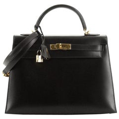 Kelly Handbag Noir Box Calf with Gold Hardware 32