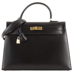 Kelly Handbag Noir Box Calf with Gold Hardware 35