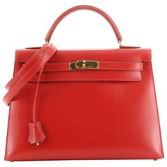 Kelly Handbag Rouge Vif Box Calf with Gold Hardware 32