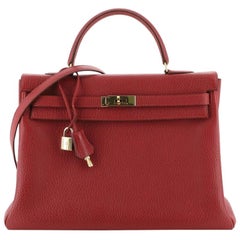 Kelly Handbag Rouge Vif Fjord with Gold Hardware 35