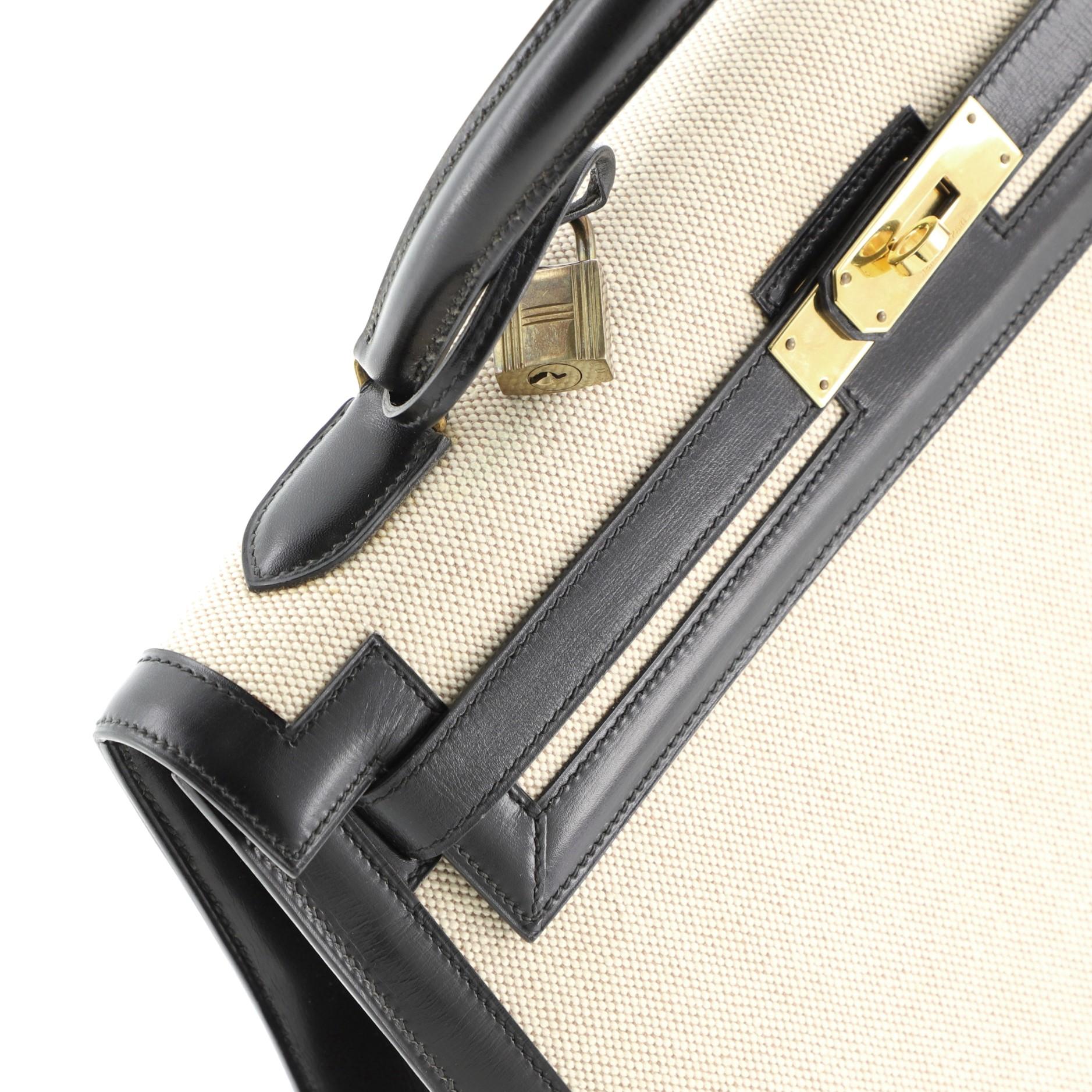 Kelly Handbag Toile and Noir Box Calf with Gold Hardware 35 4