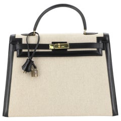 Kelly Handbag Toile and Noir Box Calf with Gold Hardware 35
