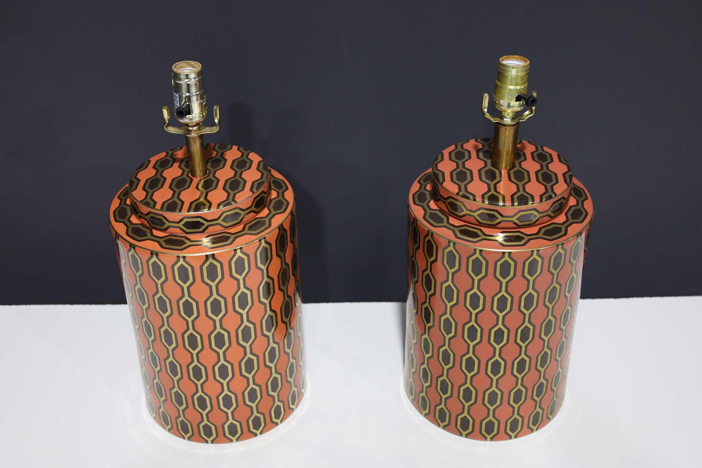Modern Kelly Hoppen Porcelain Tea Jar Lamps in Orange, Gold and Brown Geometric Pattern For Sale