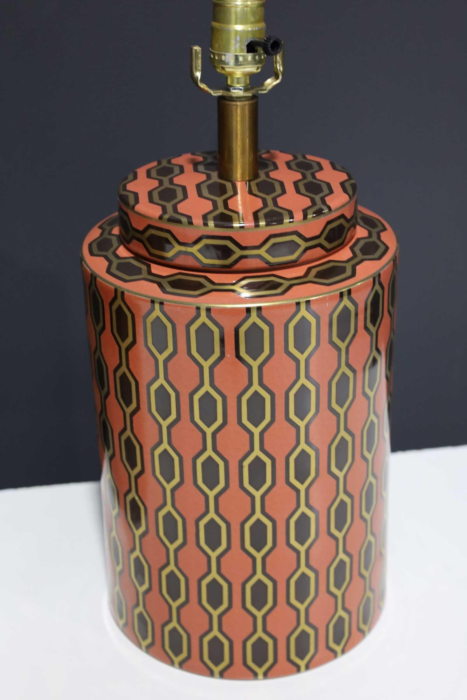 English Kelly Hoppen Porcelain Tea Jar Lamps in Orange, Gold and Brown Geometric Pattern For Sale
