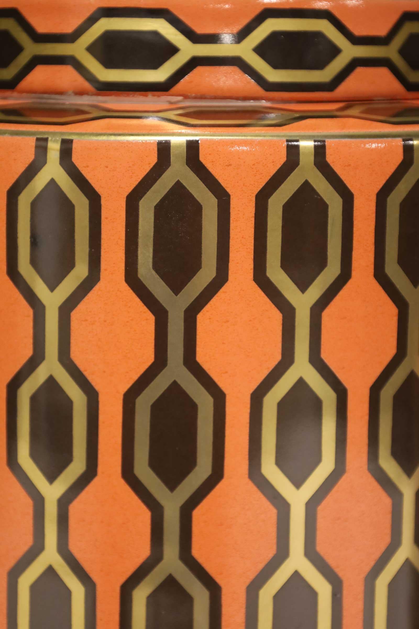 Kelly Hoppen Porcelain Tea Jar Lamps in Orange, Gold and Brown Geometric Pattern For Sale 1