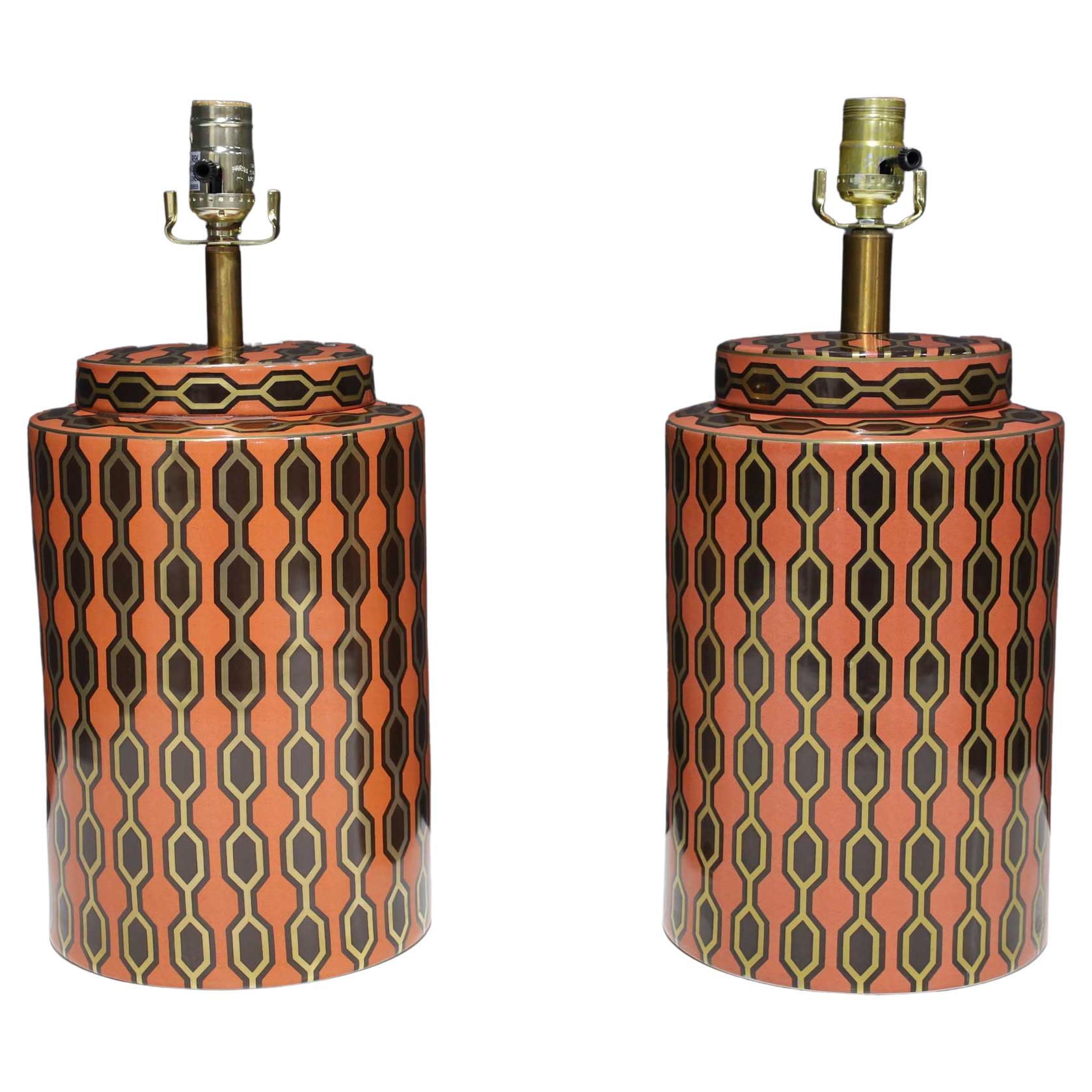 Kelly Hoppen Porcelain Tea Jar Lamps in Orange, Gold and Brown Geometric Pattern For Sale