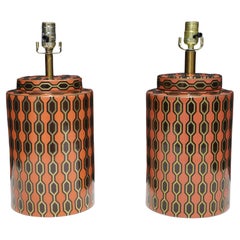 Used Kelly Hoppen Porcelain Tea Jar Lamps in Orange, Gold and Brown Geometric Pattern