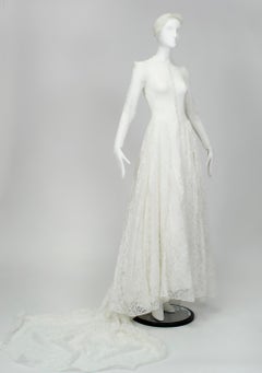 Kelly-Inspired Modest Ivory Peter Pan Illusion Wedding Gown w Cap – XS, 1951