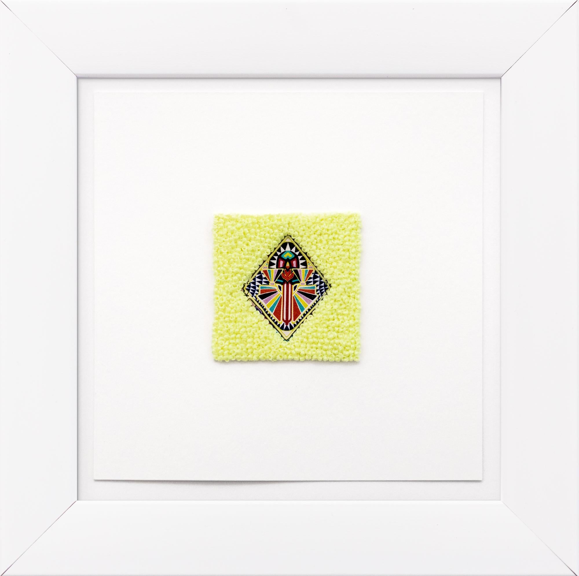 "Emblem" paper collage, hand-embroidery, neon, geometric pattern, thread
