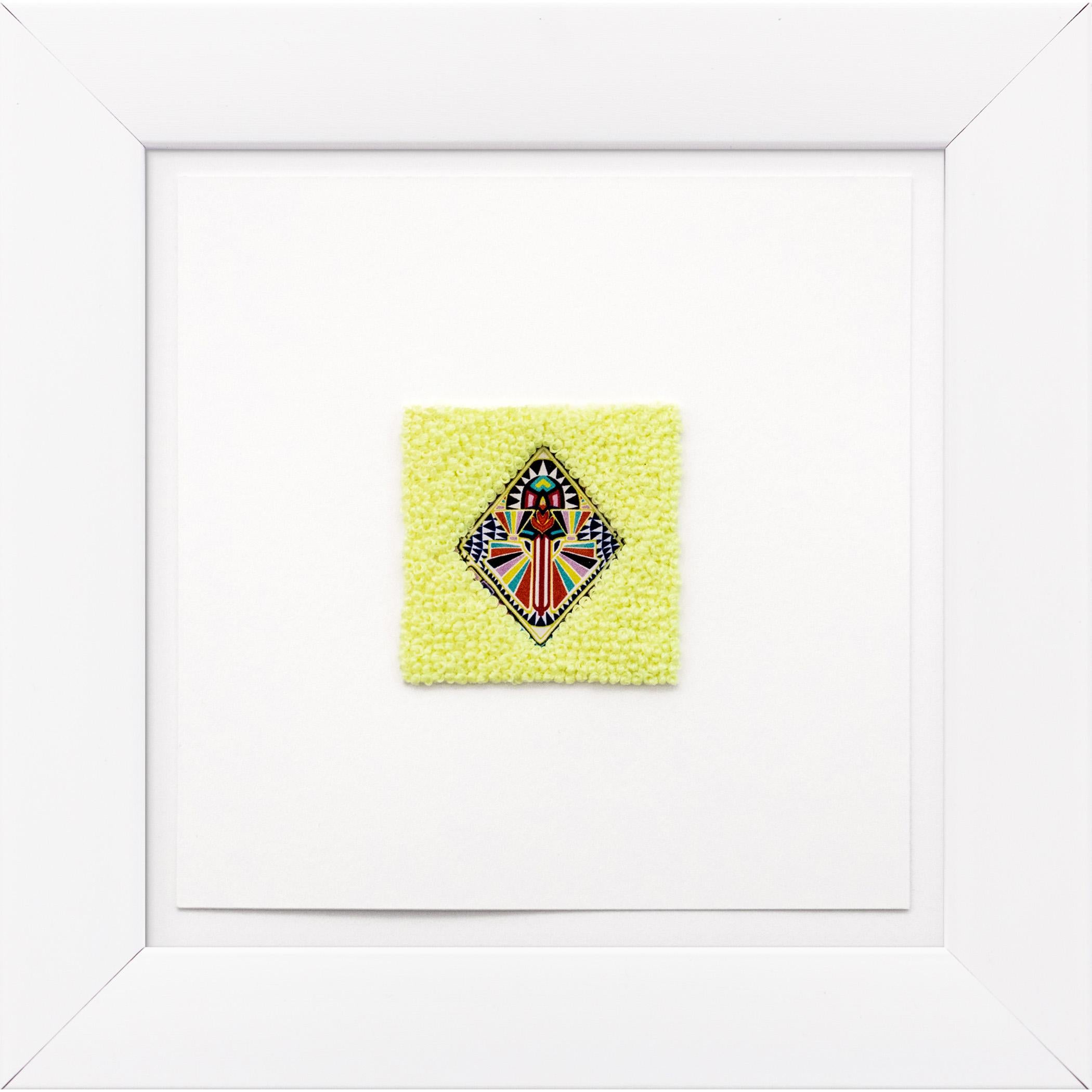 "Emblem" paper collage, hand-embroidery, neon, geometric pattern, thread - Mixed Media Art by Kelly Kozma