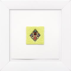"Emblema" collage di carta, ricamo a mano, neon, disegno geometrico, filo