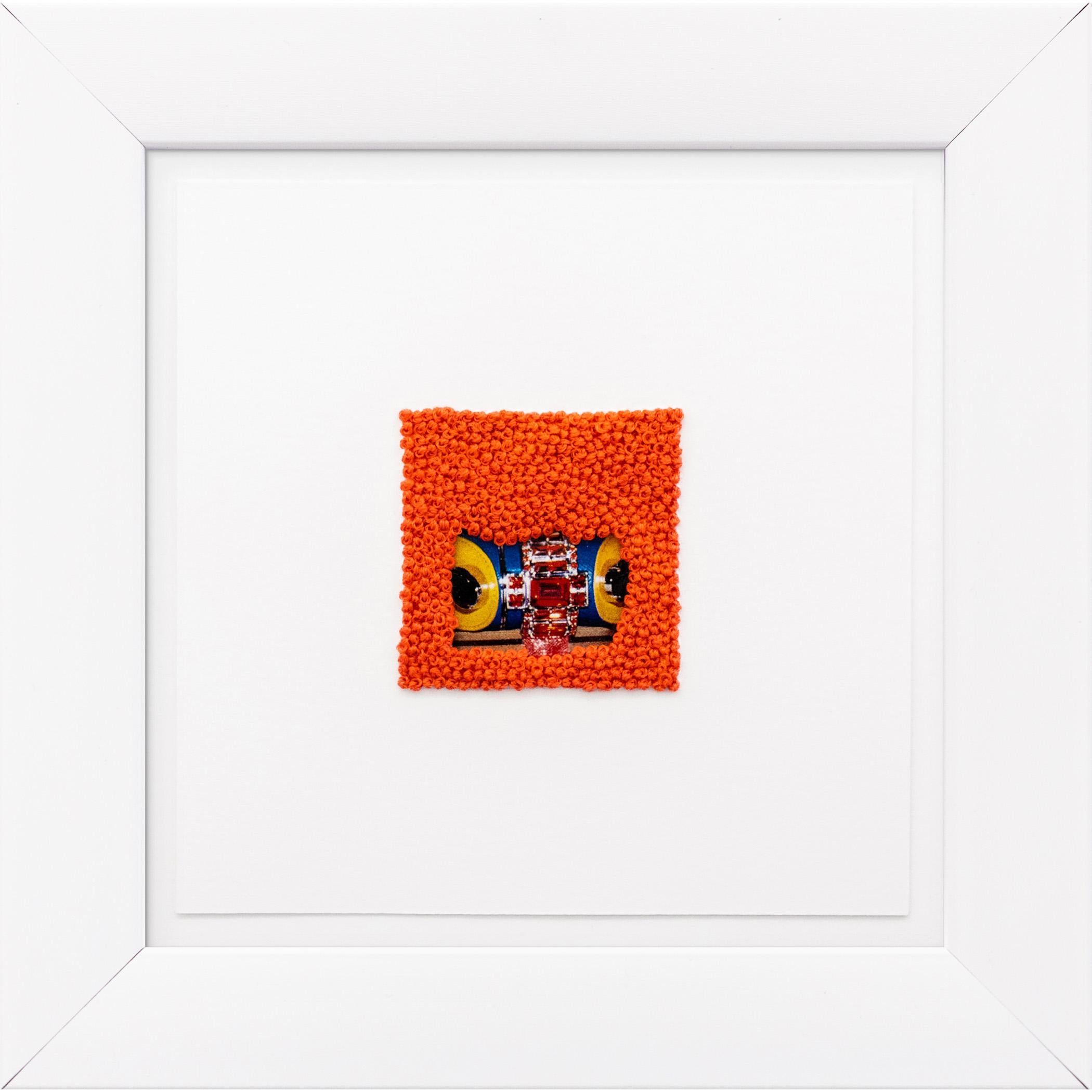 New Toy, Mixed Media Artwork:Collage and Embroidery, 6x6"