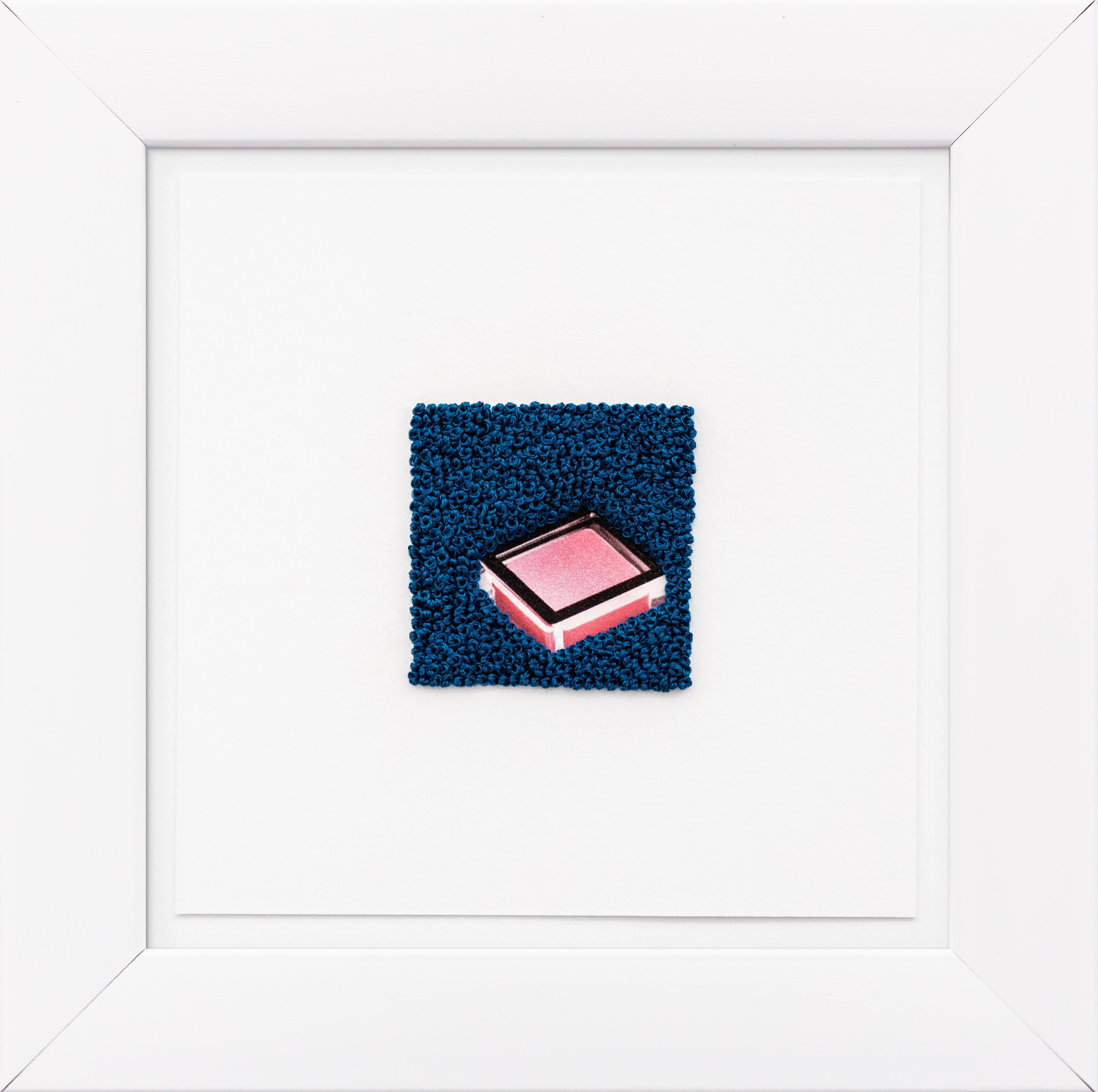 "Pink Me Up" paper collage, hand-embroidery, french knot, blue and pink