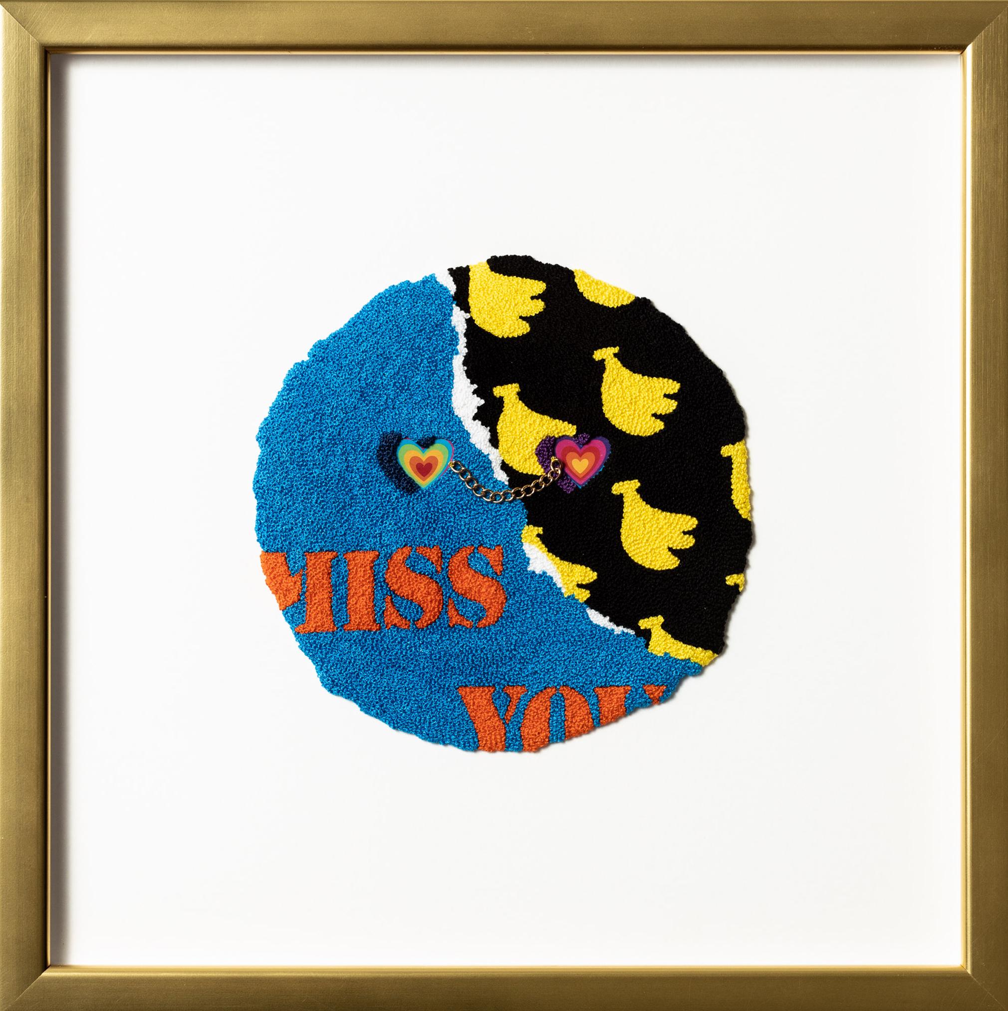 Kelly Kozma Abstract Sculpture - Miss You Fabric Sculpture: Hand Embroidery and Found Objects