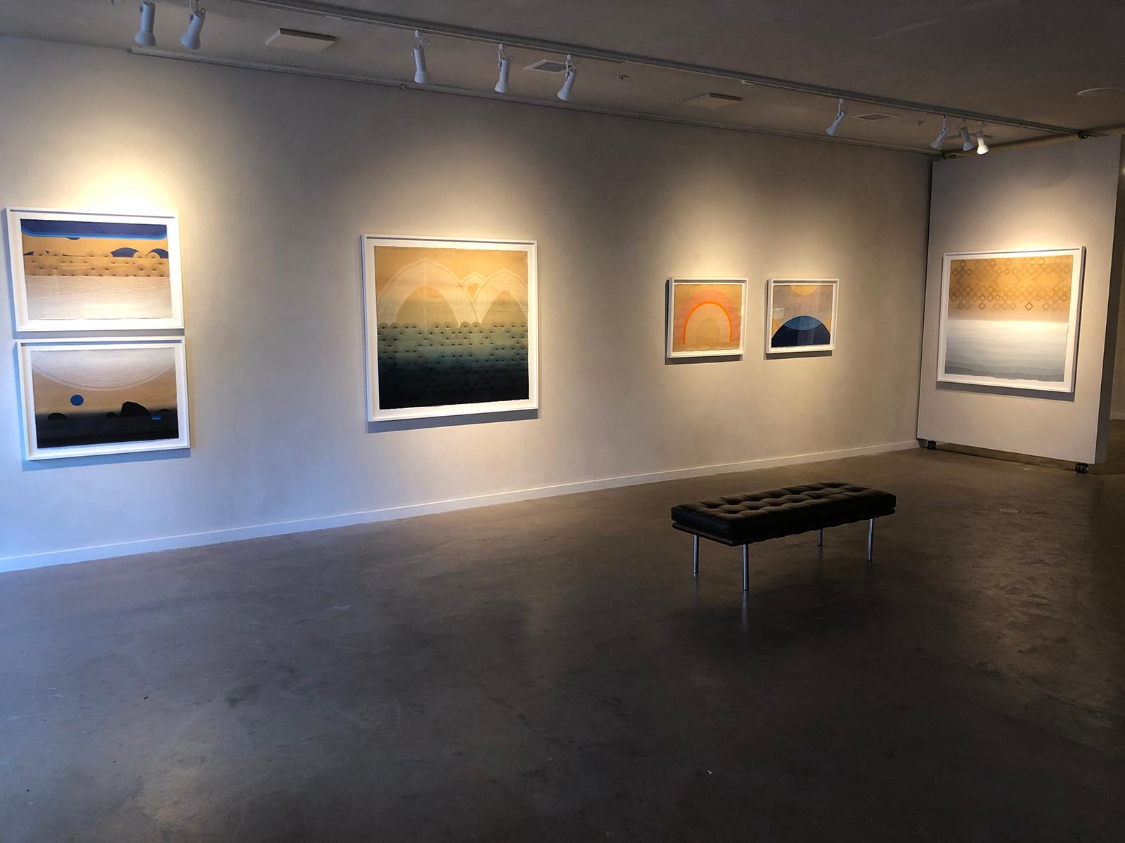 Precise, abstract landscape, painting on dyed paper with geometric suggestions of a seascape. Kelly Ording's internalized landscapes and geometric abstractions are filled with subtle colors. Framed in white. 
Kelly Ording is an Oakland California