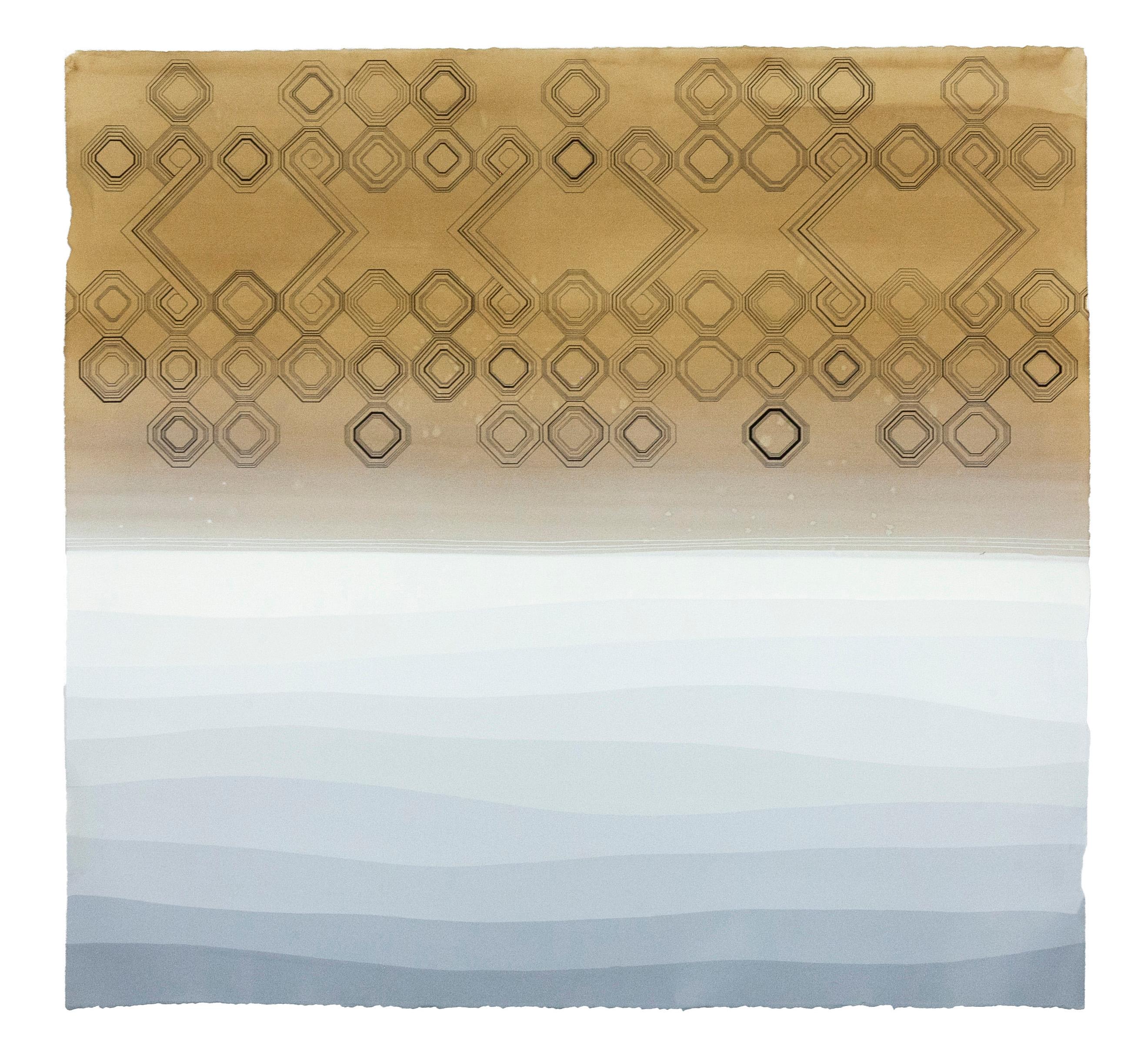 Kelly Ording Abstract Painting - Tule- Bolina -framed abstract geometric dyed paper work in neutral colors 
