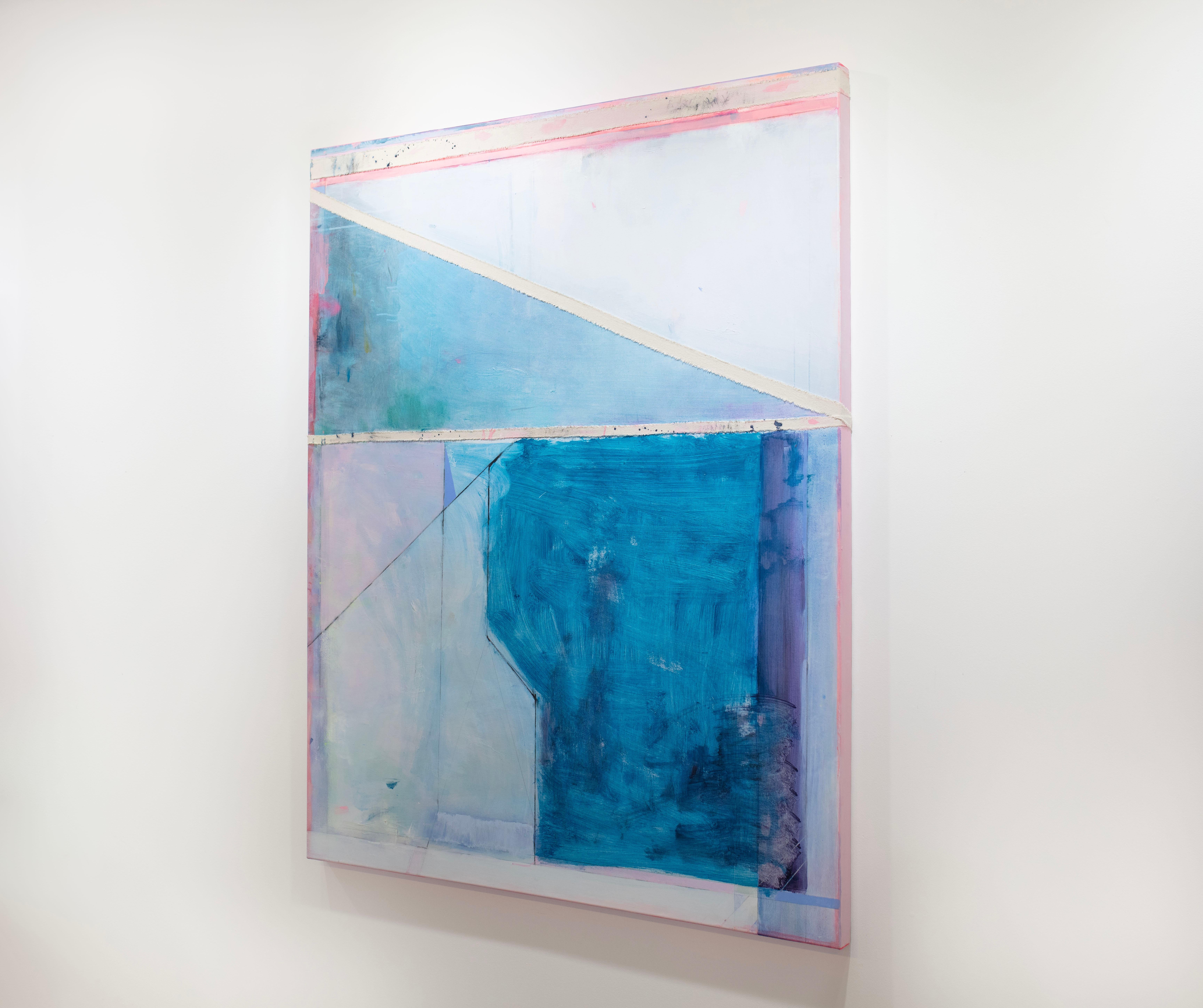 This large abstract statement painting by Kelly Rossetti is made with acrylic paint and raw canvas pieces assembled on gallery wrapped canvas. It features a light pink and deep blue palette with geometric horizontal and diagonal lines, shapes, and