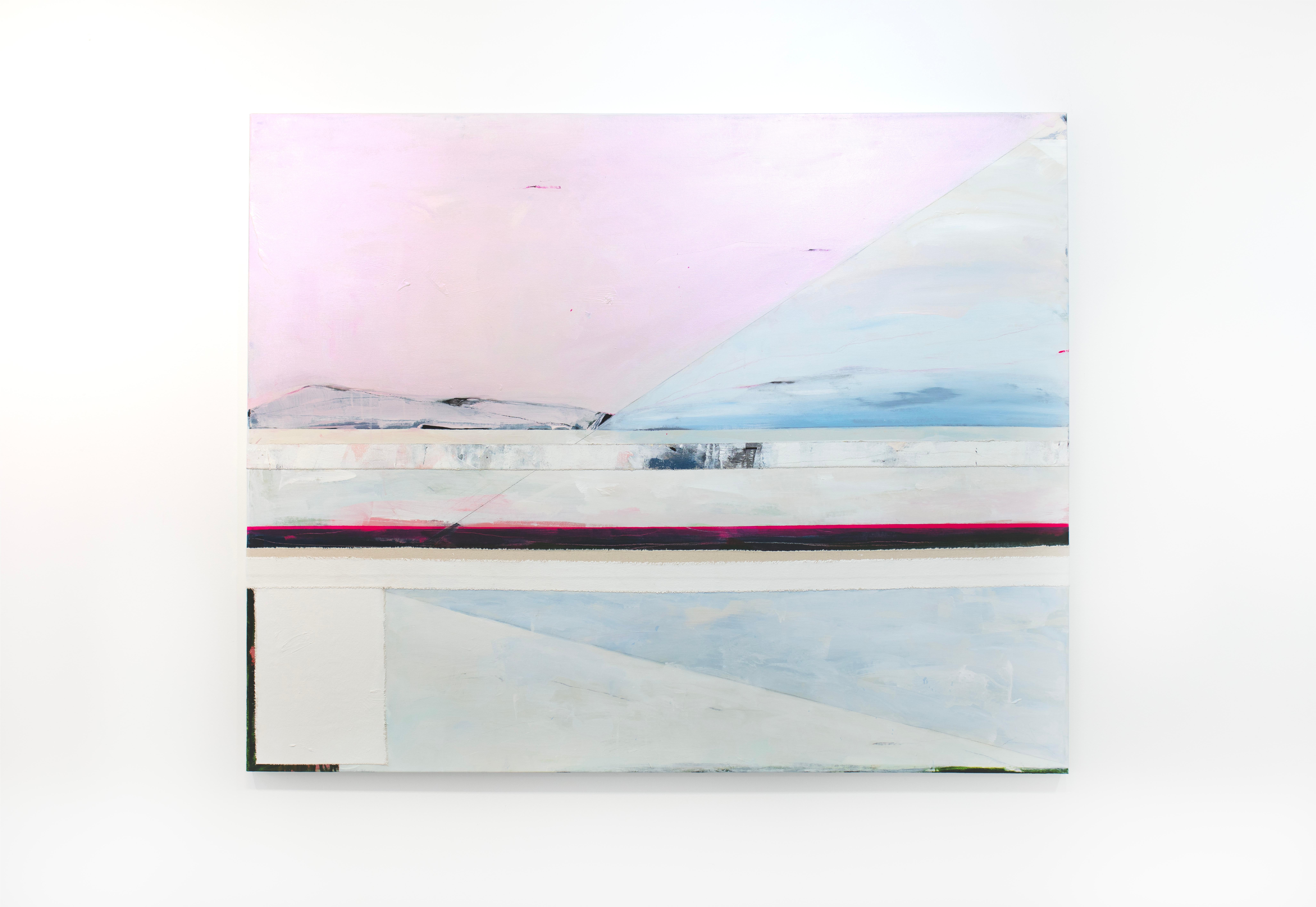 This large abstract statement painting by Kelly Rossetti is made with acrylic paint and raw canvas pieces assembled on gallery wrapped canvas. It features a light blue and off-white palette with light pink and darker accents throughout, with