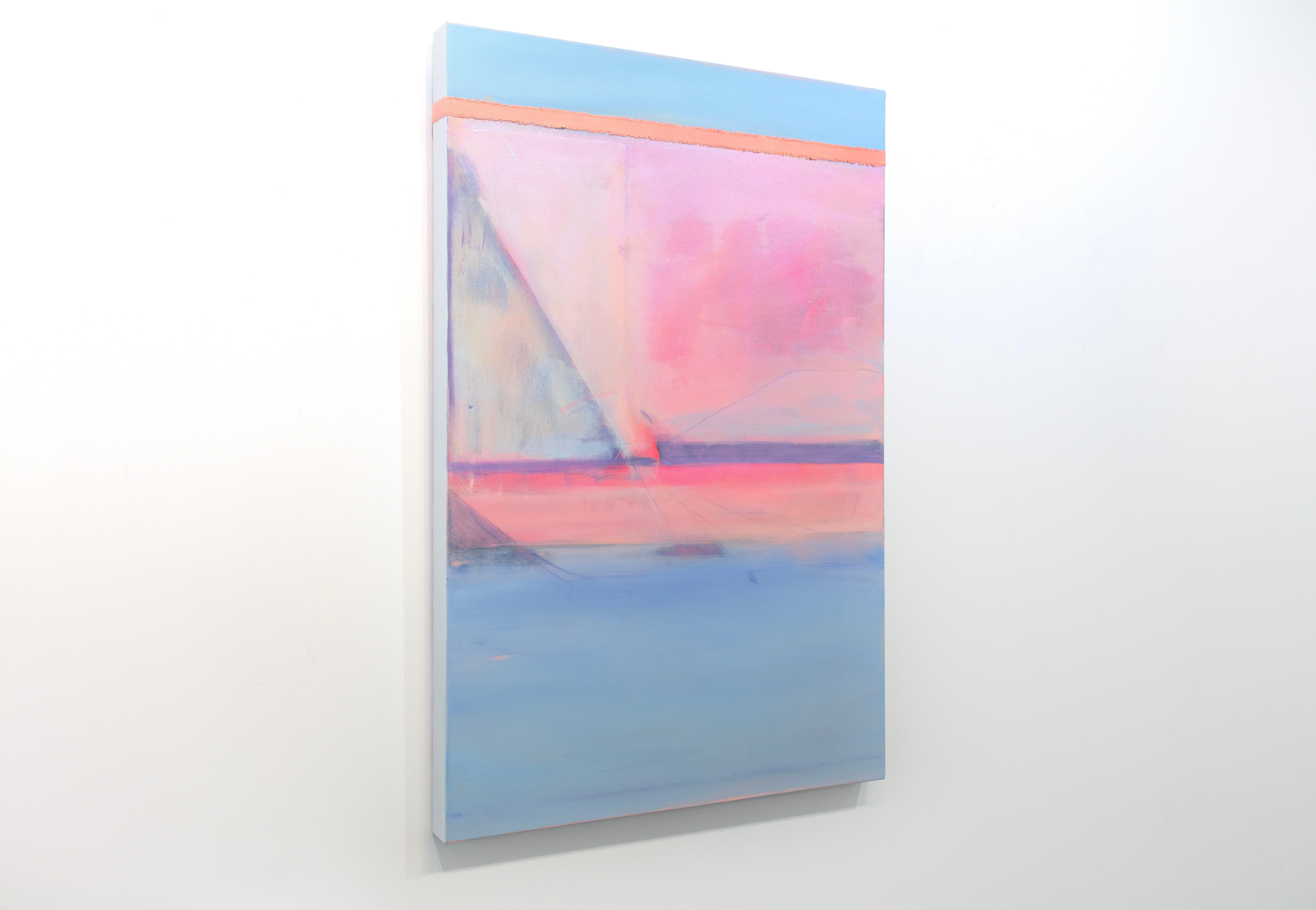 Questo quadro astratto di Kelly Rossetti è realizzato con colori acrilici e pezzi di tela grezza assemblati su una tela avvolta in una galleria. Presenta una tavolozza di colori rosa e blu con linee geometriche orizzontali e diagonali, forme e segni