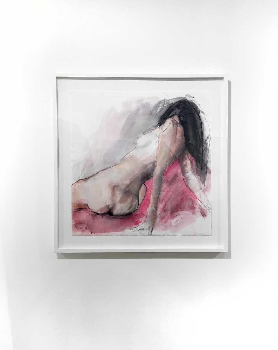 This abstract nude figure drawing by Kelly Rossetti is made with charcoal and pastel on paper. It features a light grey, white, and vibrant pink accent, capturing a seated nude female figure from behind. The drawing itself is 33.5