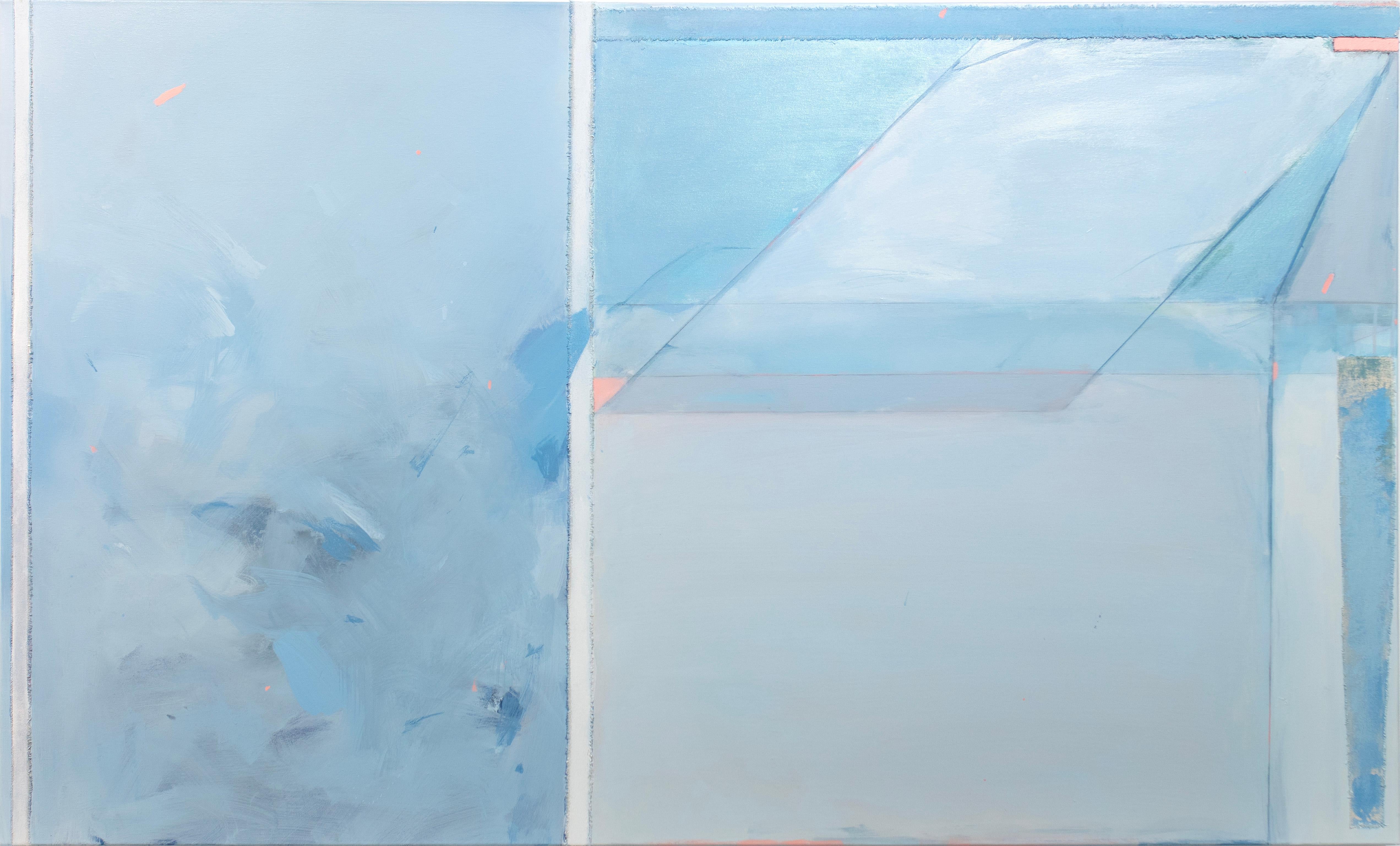 This large abstract painting by Kelly Rossetti is made with acrylic paint and raw canvas pieces assembled on gallery wrapped canvas. It features a light blue palette with light salmon pink accents throughout, with geometric horizontal and diagonal
