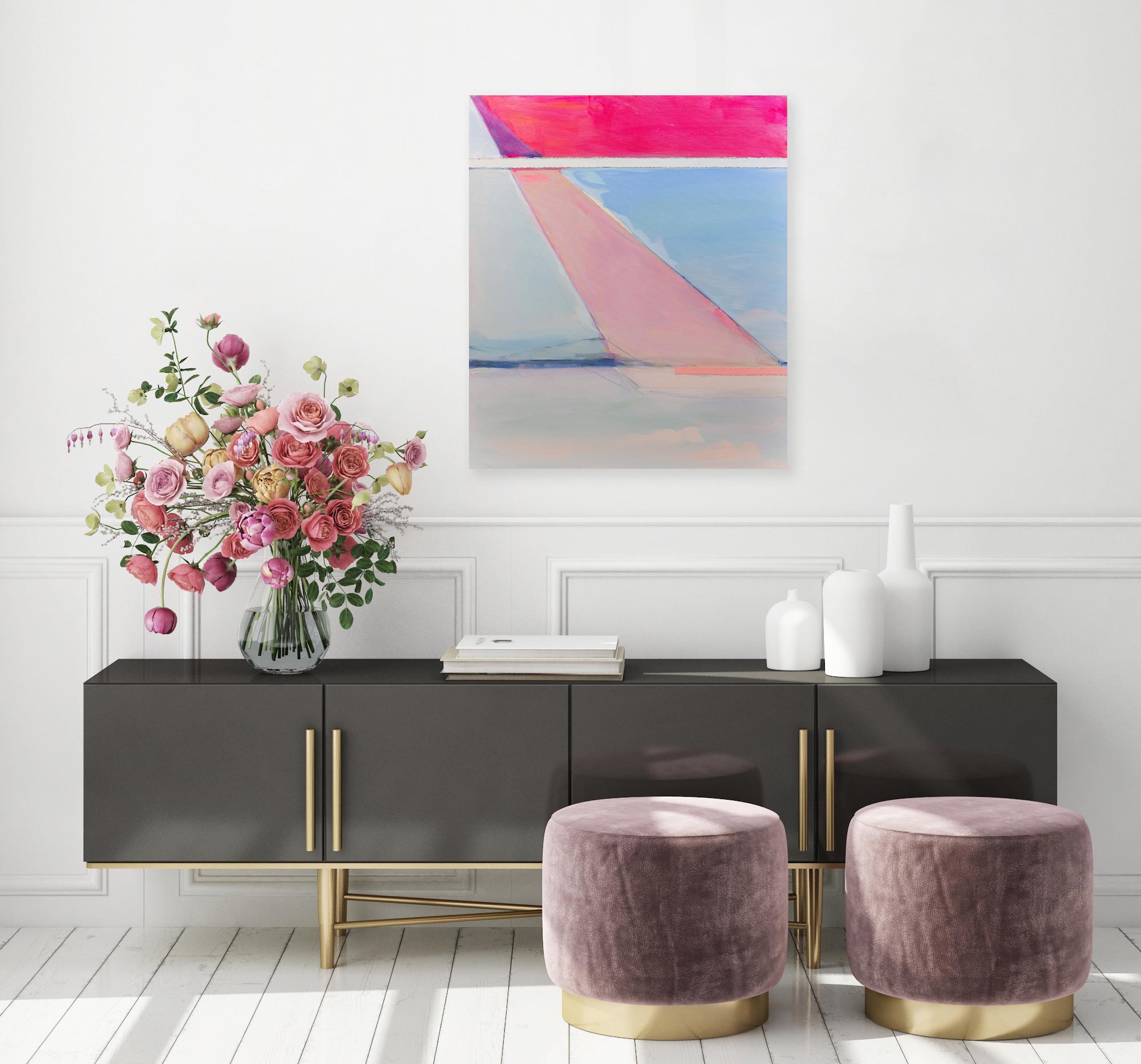 This abstract painting by Kelly Rossetti is made with acrylic paint and raw canvas pieces assembled on gallery wrapped canvas. It features a pink and blue palette with geometric lines, shapes, and marks layered over one another. The painting has