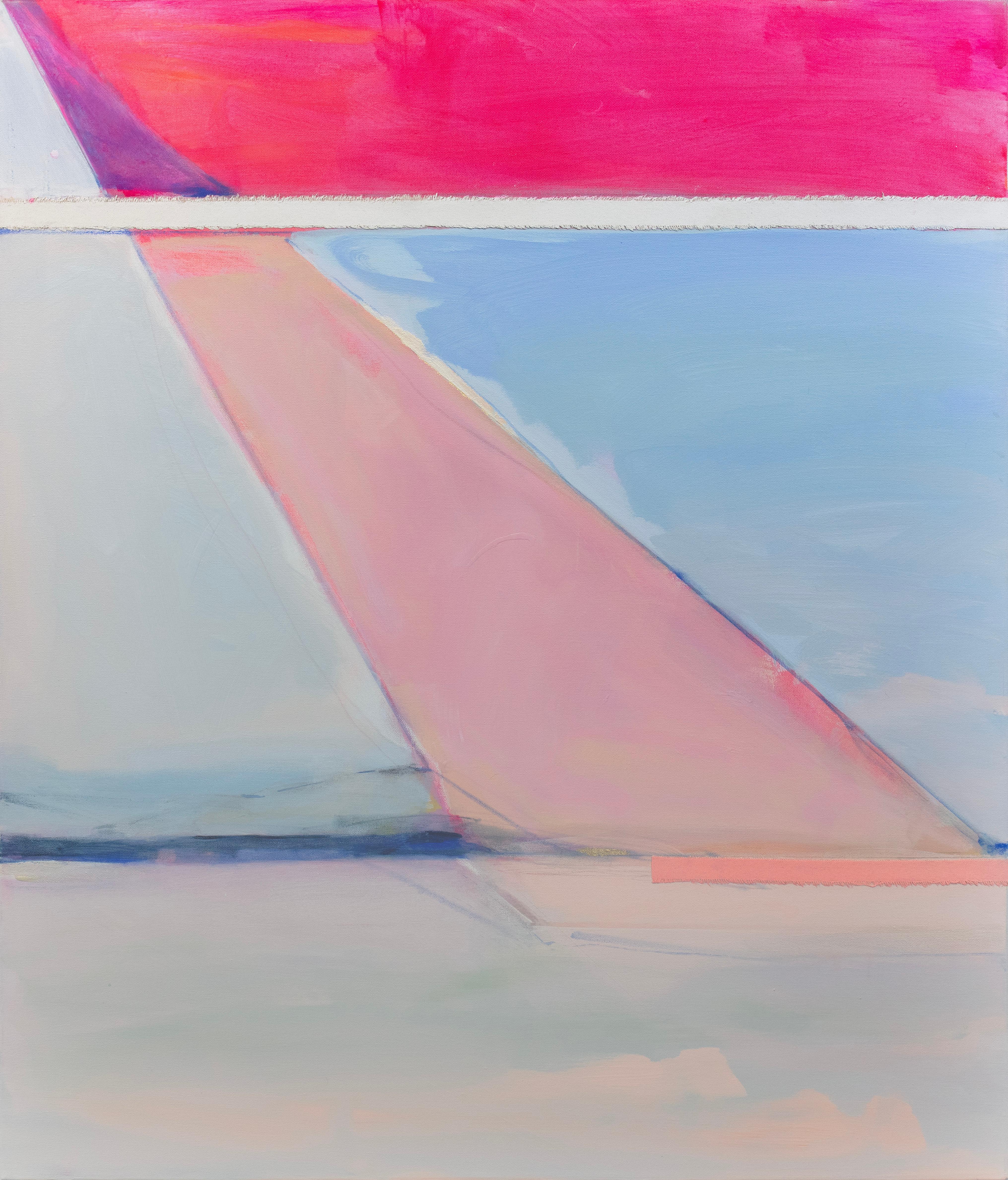 Cette peinture abstraite de Kelly Rossetti est réalisée avec de la peinture acrylique et des morceaux de toile brute assemblés sur une toile enveloppée de galerie. Il présente une palette rose et bleue avec des lignes, des formes et des marques