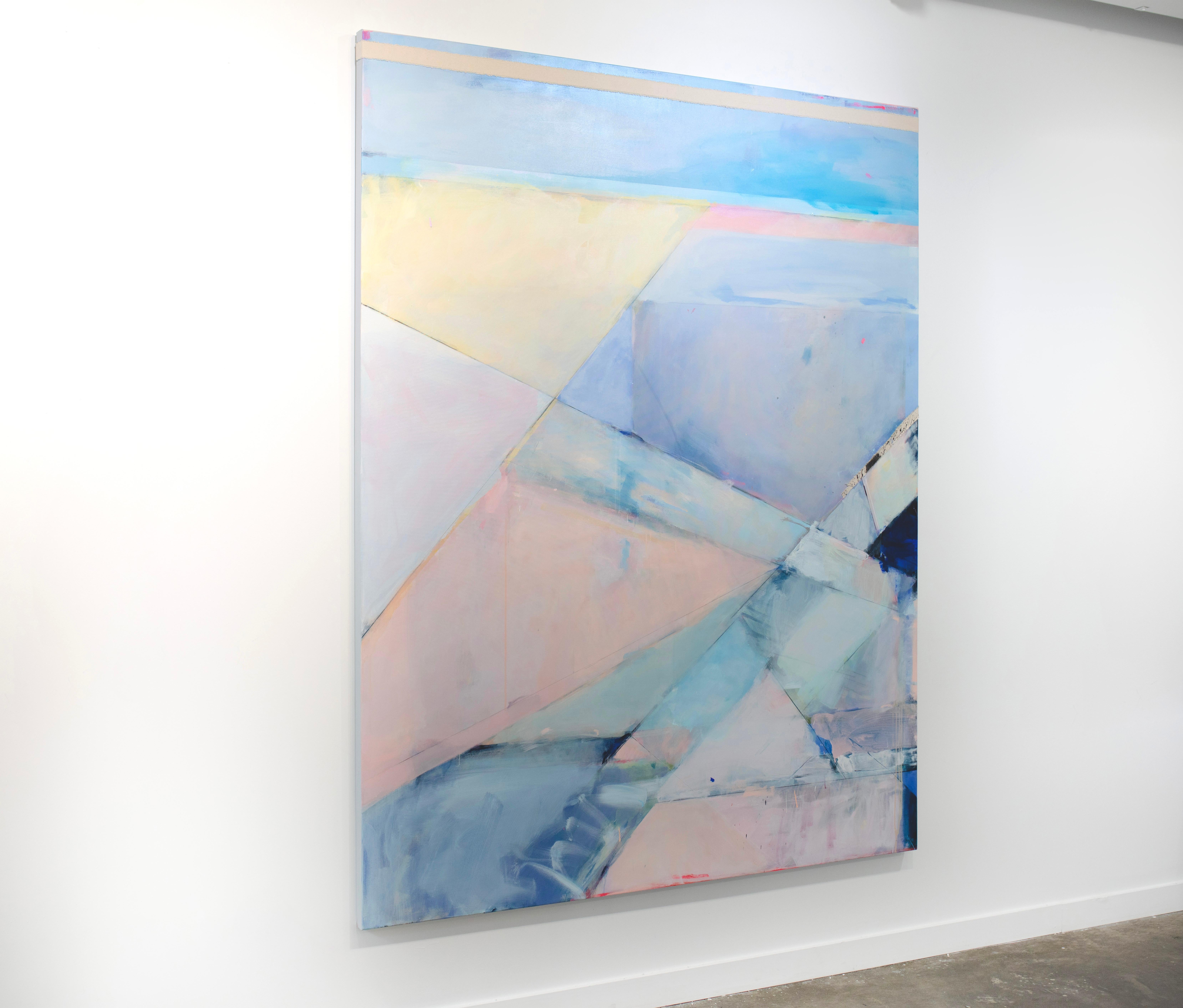 This large abstract statement painting by Kelly Rossetti is made with acrylic paint and raw canvas pieces assembled on gallery wrapped canvas. It features a light pink and blue palette and darker contrasting accents, with geometric horizontal and