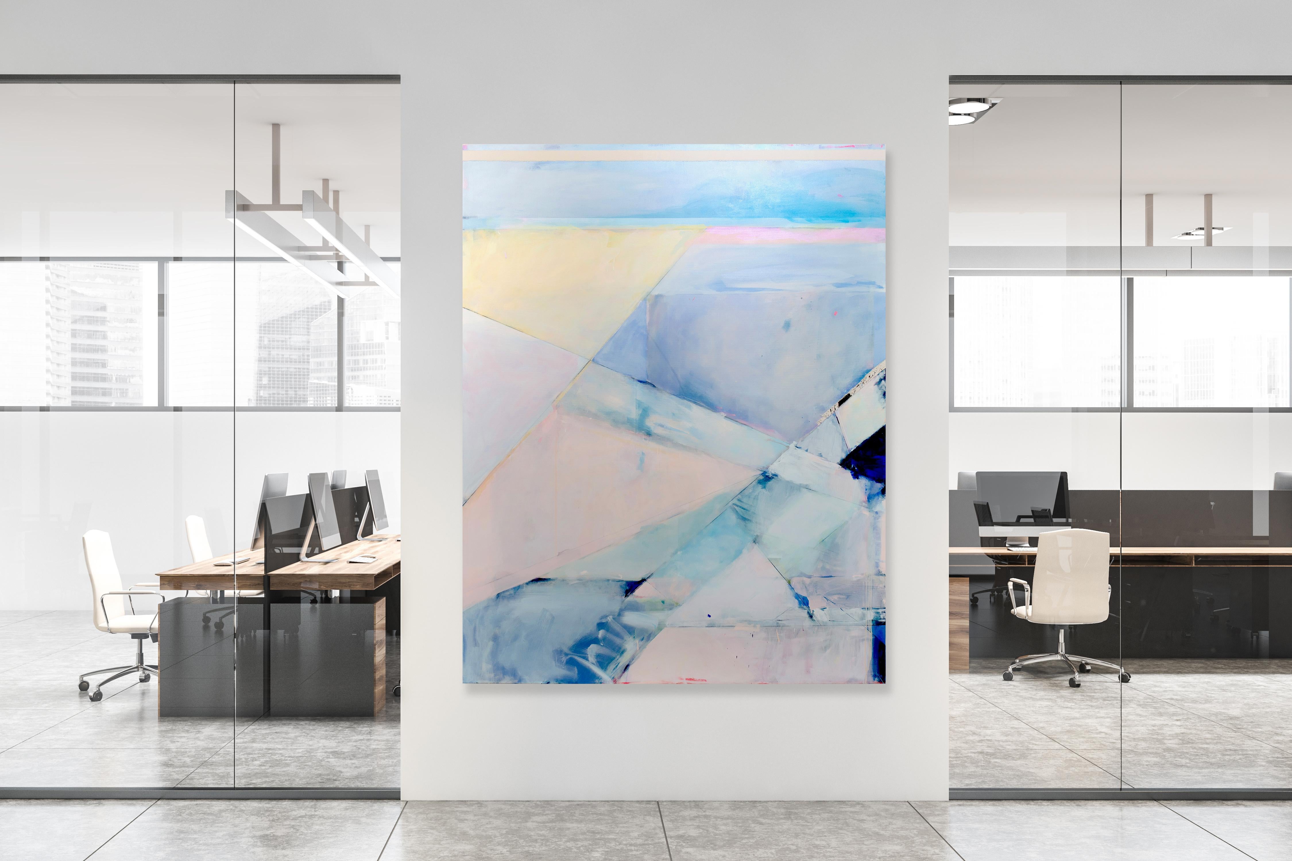 This large abstract statement painting by Kelly Rossetti is made with acrylic paint and raw canvas pieces assembled on gallery wrapped canvas. It features a light pink and blue palette and darker contrasting accents, with geometric horizontal and