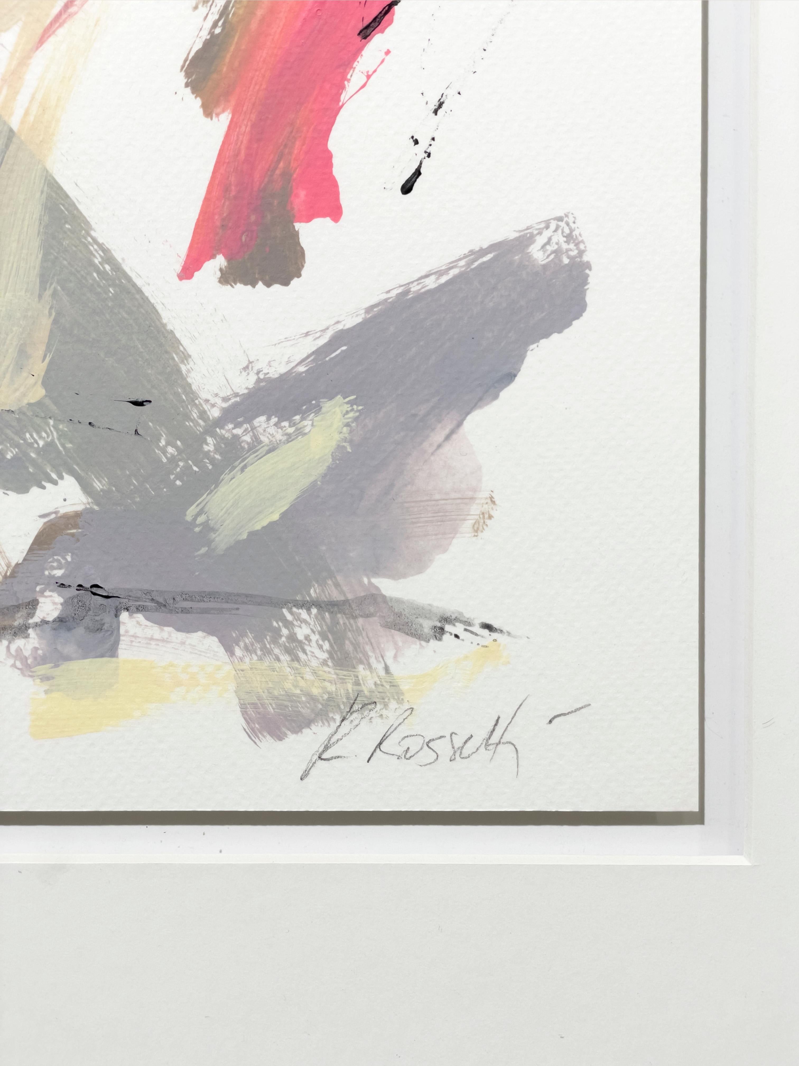 Cette peinture abstraite de Kelly Rossetti est réalisée à l'acrylique sur papier Fabriano pressé à froid, et est encadrée professionnellement dans un cadre blanc. Il se caractérise par une palette légère et sourde et des traits rapides et