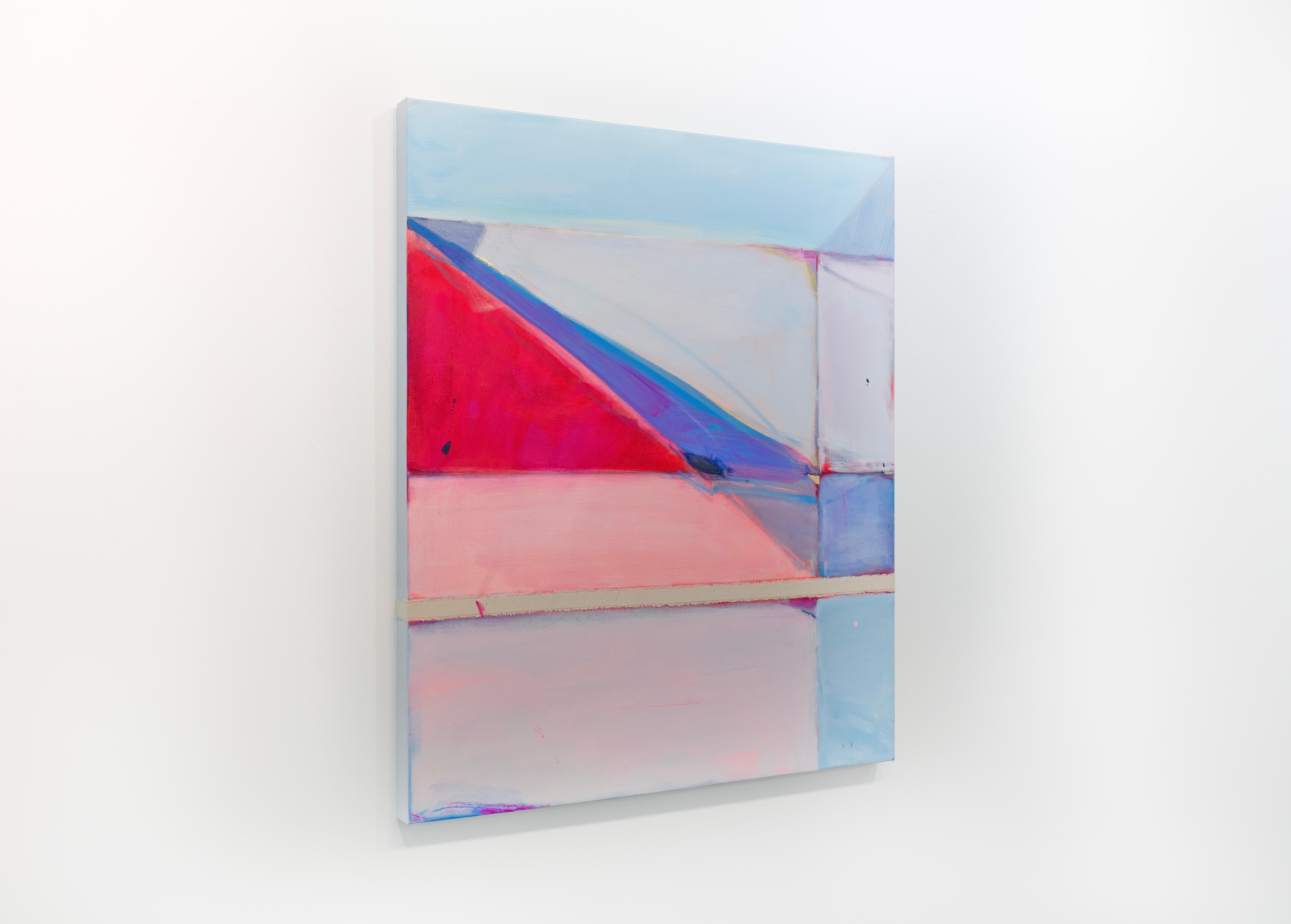 This abstract painting by Kelly Rossetti is made with acrylic paint and raw canvas pieces assembled on gallery wrapped canvas. It features a pink and blue palette with geometric lines, shapes, and marks layered over one another. The painting has