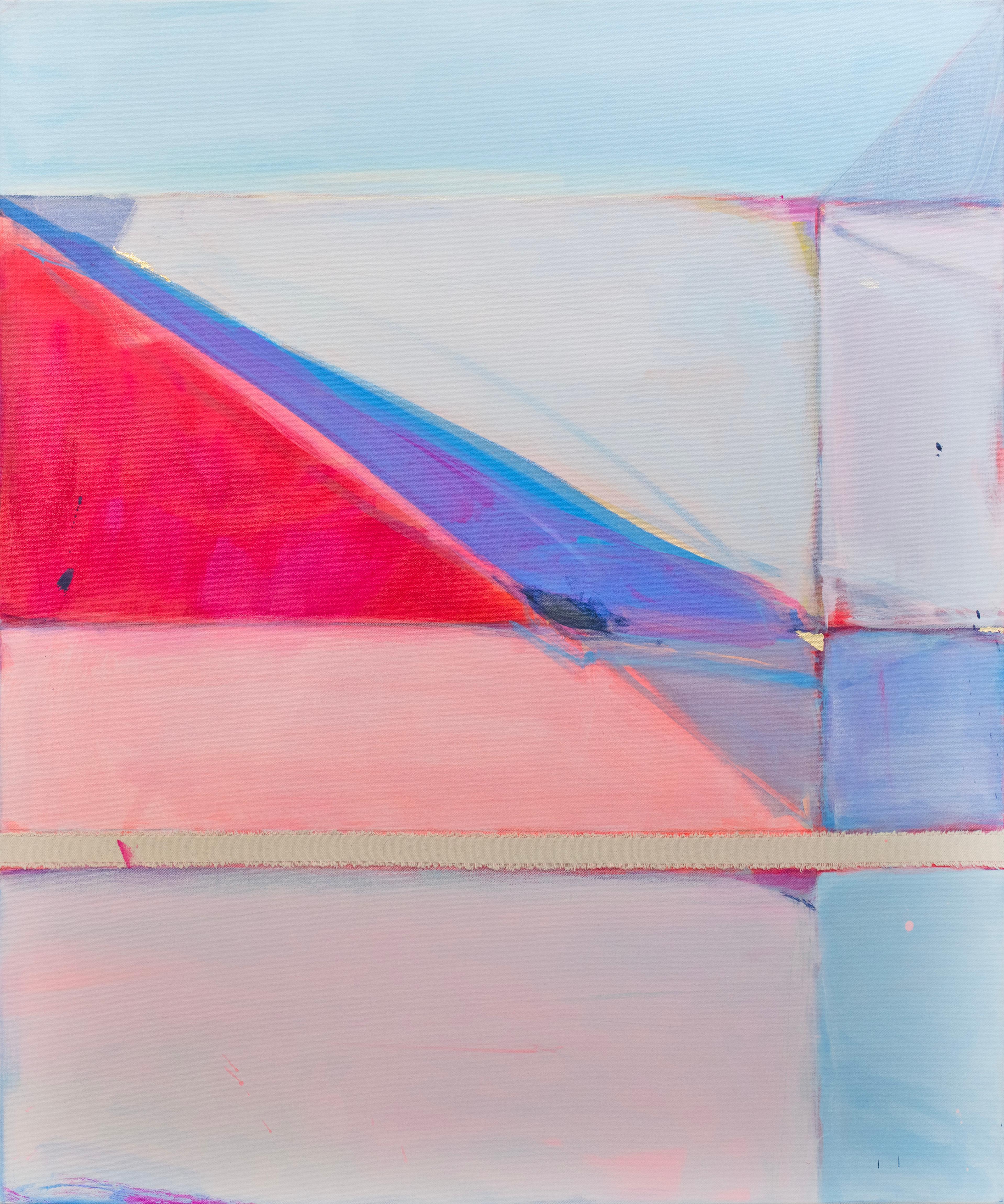 Cette peinture abstraite de Kelly Rossetti est réalisée avec de la peinture acrylique et des morceaux de toile brute assemblés sur une toile enveloppée de galerie. Il présente une palette rose et bleue avec des lignes, des formes et des marques